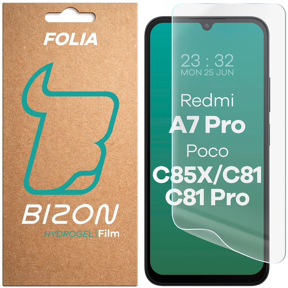 Pudełko i folia hydrożelowa na ekran Bizon Film Hydrogel Front do Xiaomi Redmi A7 Pro / POCO C85X / C81 / C81 Pro