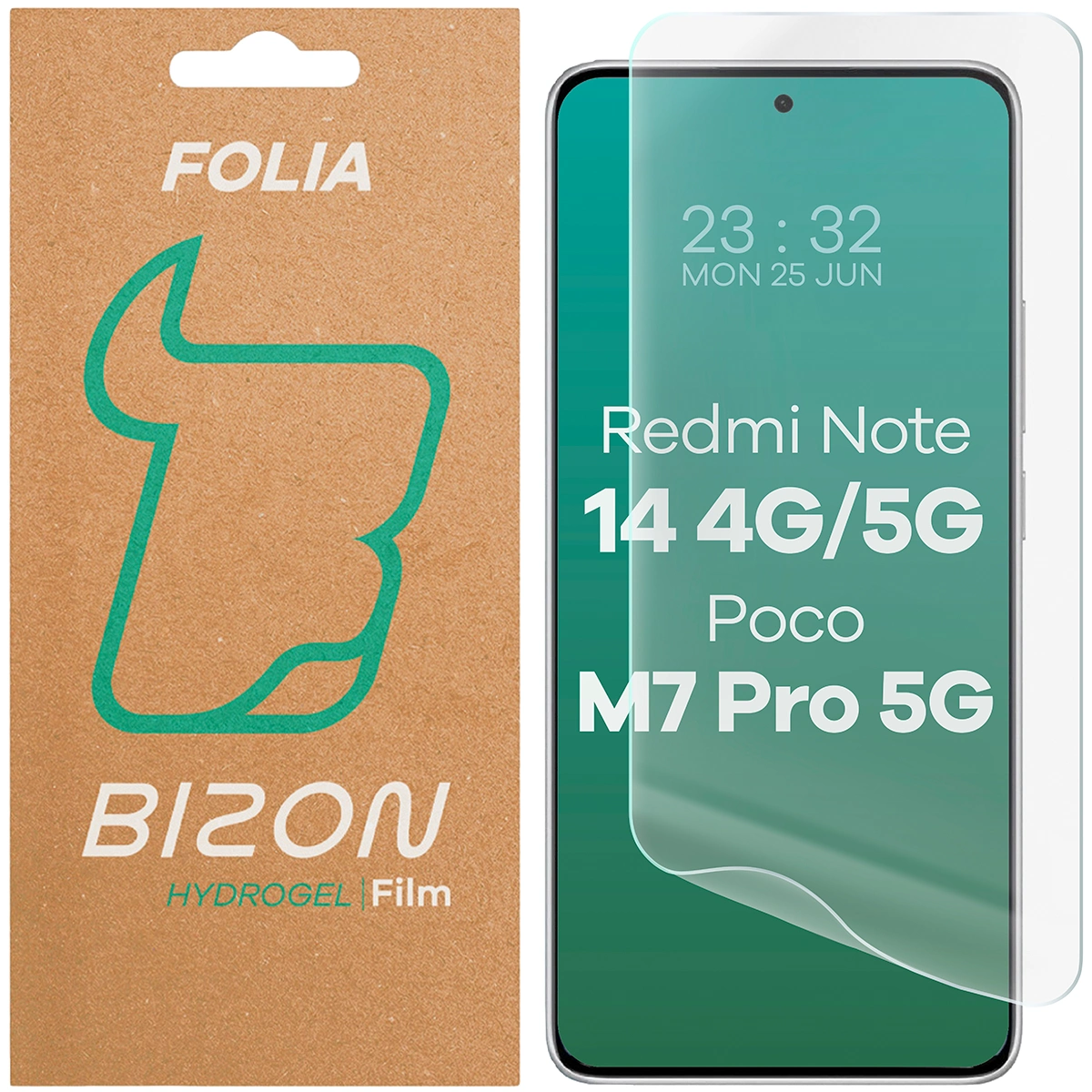 Box and hydrogel film for Bizon Glass Hydrogel Front for Xiaomi Redmi Note 14 4G / Xiaomi Redmi Note 14 5G / Xiaomi POCO M7 Pro 5G