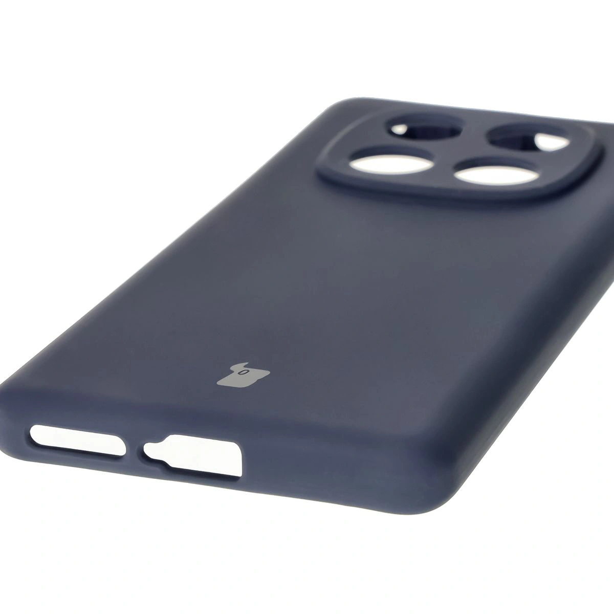 Close-up of precise cutouts and wireless charging capability in the Bison Soft Case for Xiaomi Redmi Note 14 Pro 4G