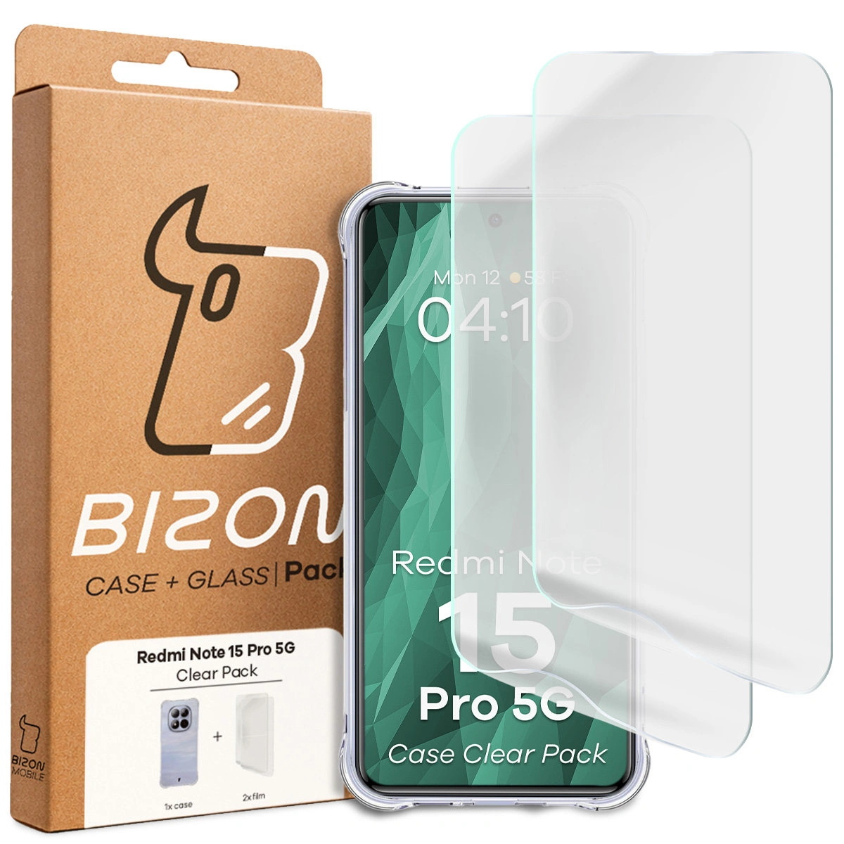Front of the Bison Case+Glass box with a dedicated label for Xiaomi Redmi Note 15 Pro 5G