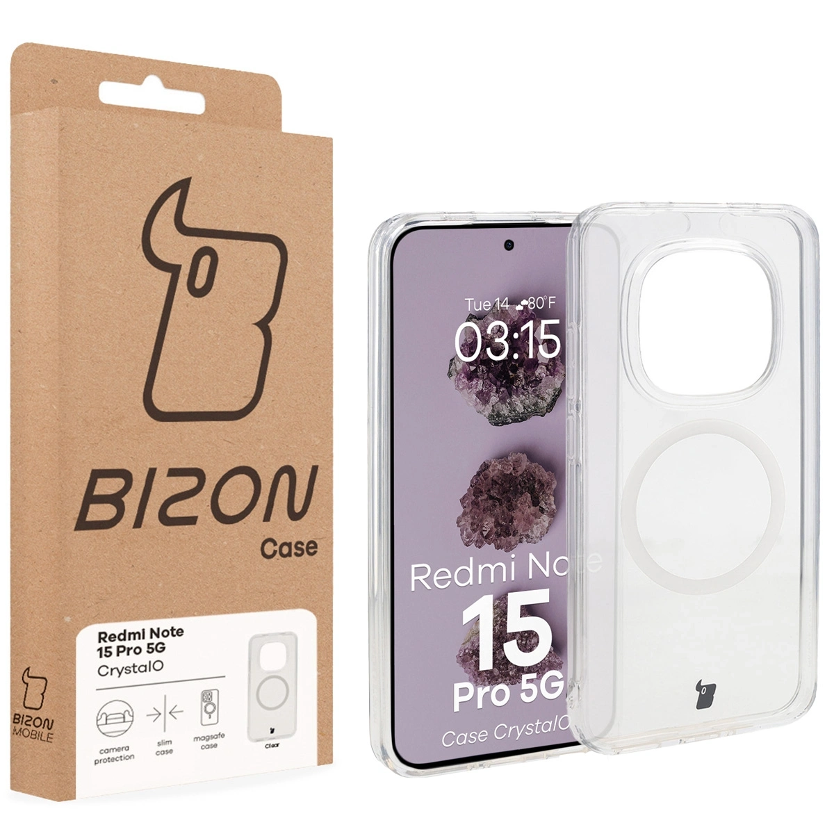 Front of the Bizon Case box with a dedicated label for Xiaomi Redmi Note 15 Pro 5G