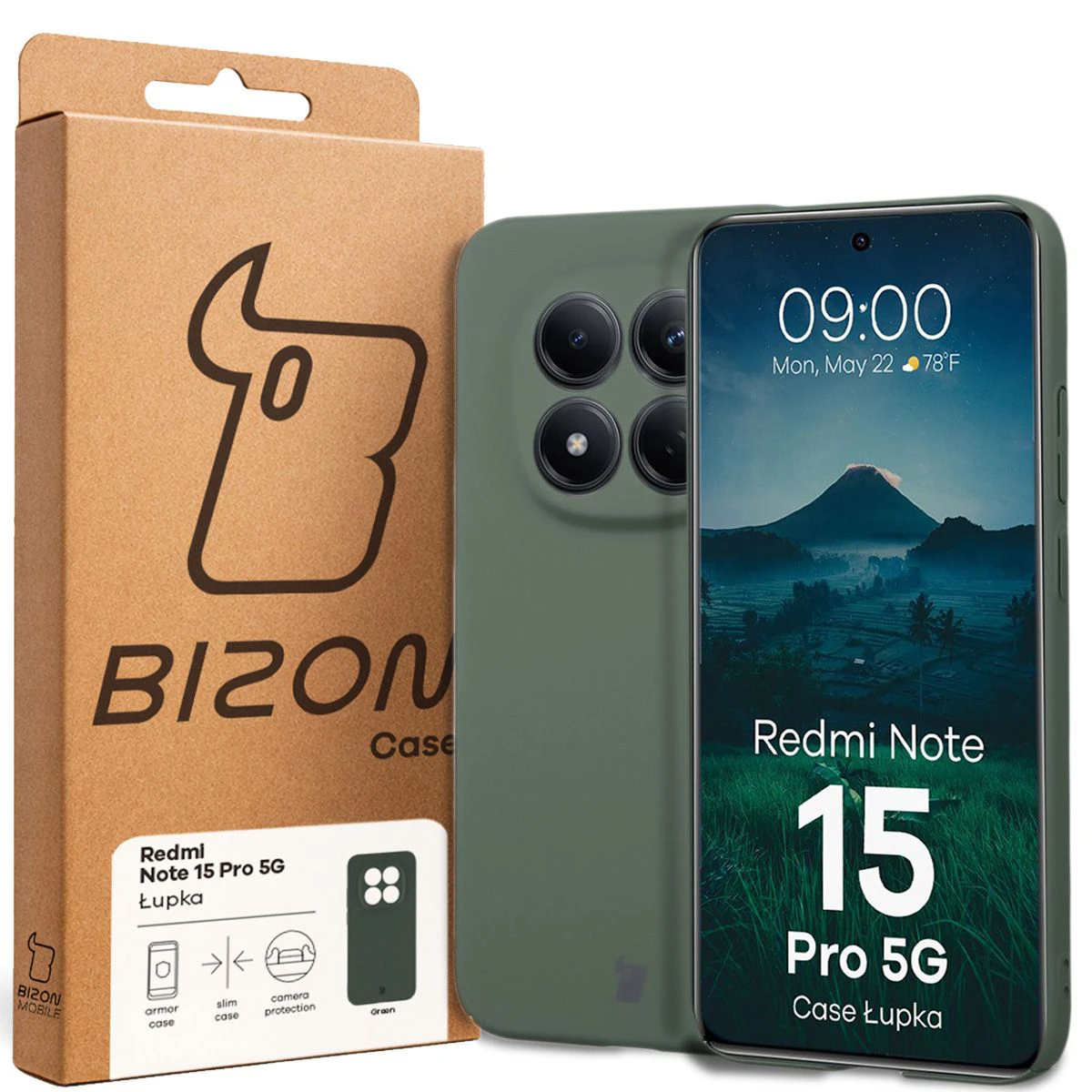 Front of the Bizon Case box with a dedicated label for Xiaomi Redmi Note 15 Pro 5G