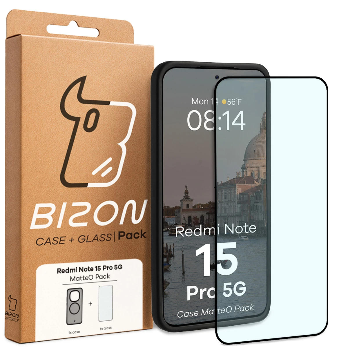Przód pudełka Bizon Case Matteo Pack z dedykowaną etykietą do Xiaomi Redmi Note 15 Pro 5G