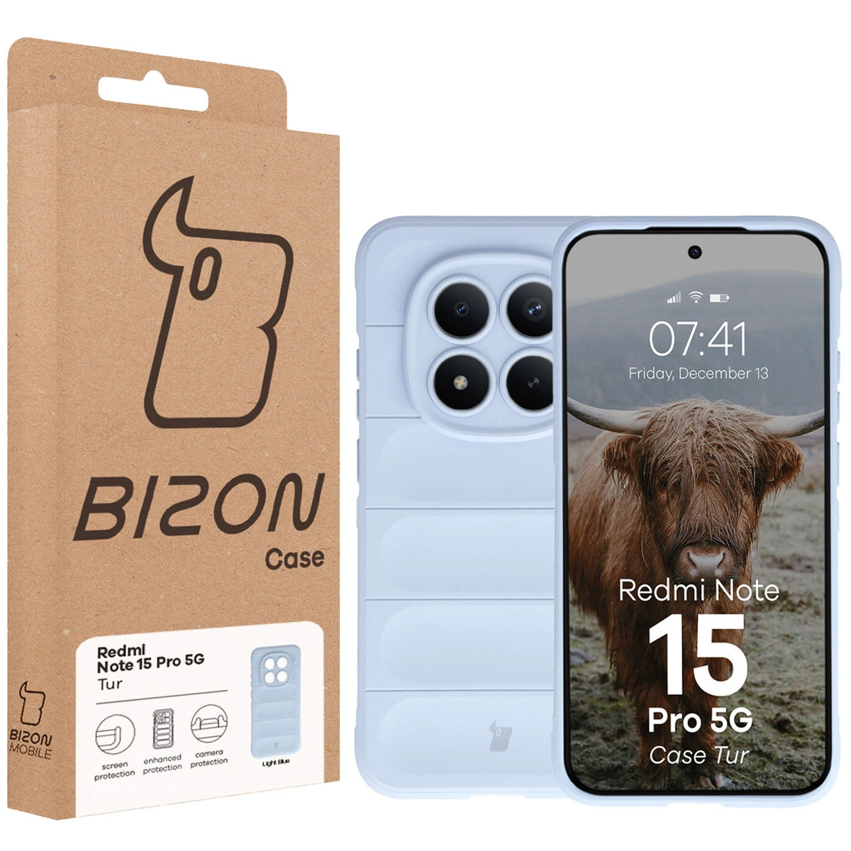 Fața cutiei Bizon Case cu eticheta dedicată pentru Xiaomi Redmi Note 15 Pro 5G