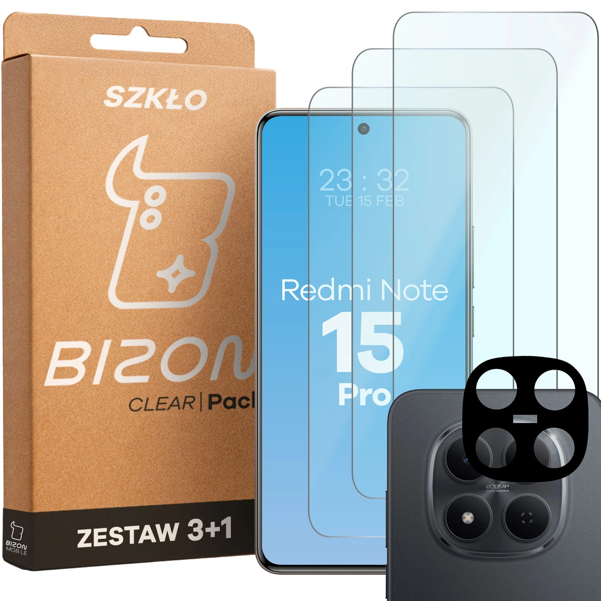 Pudełko i zestaw szkieł do Xiaomi Redmi Note 15 Pro 5G: 3x szkło hartowane i lens