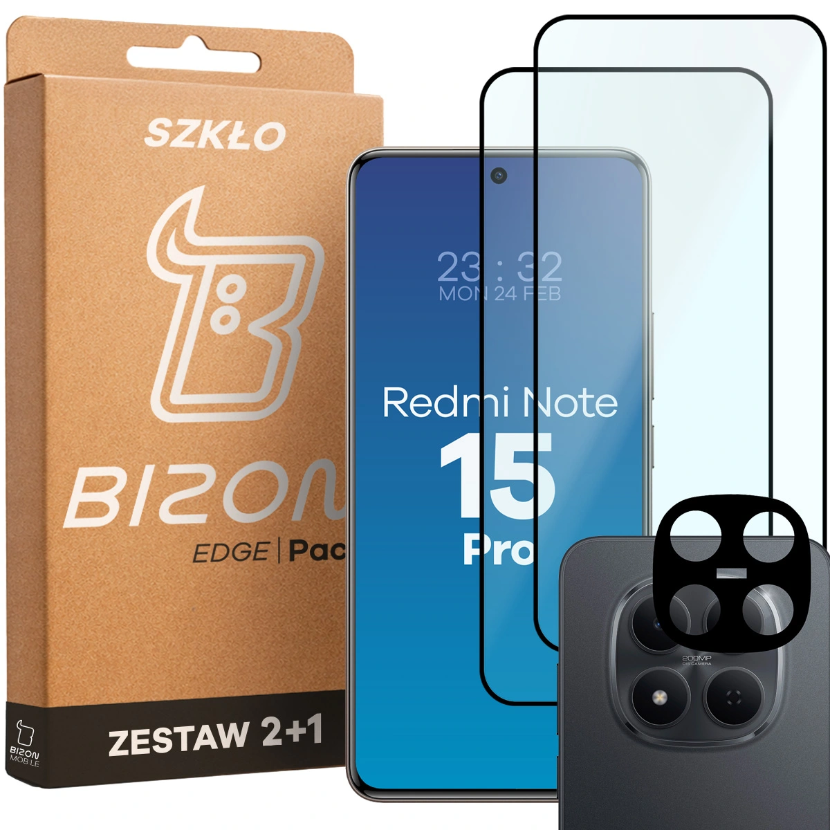 Pudełko i zestaw szkieł do Xiaomi Redmi Note 15 Pro 5G: 2x szkło hartowane i lens