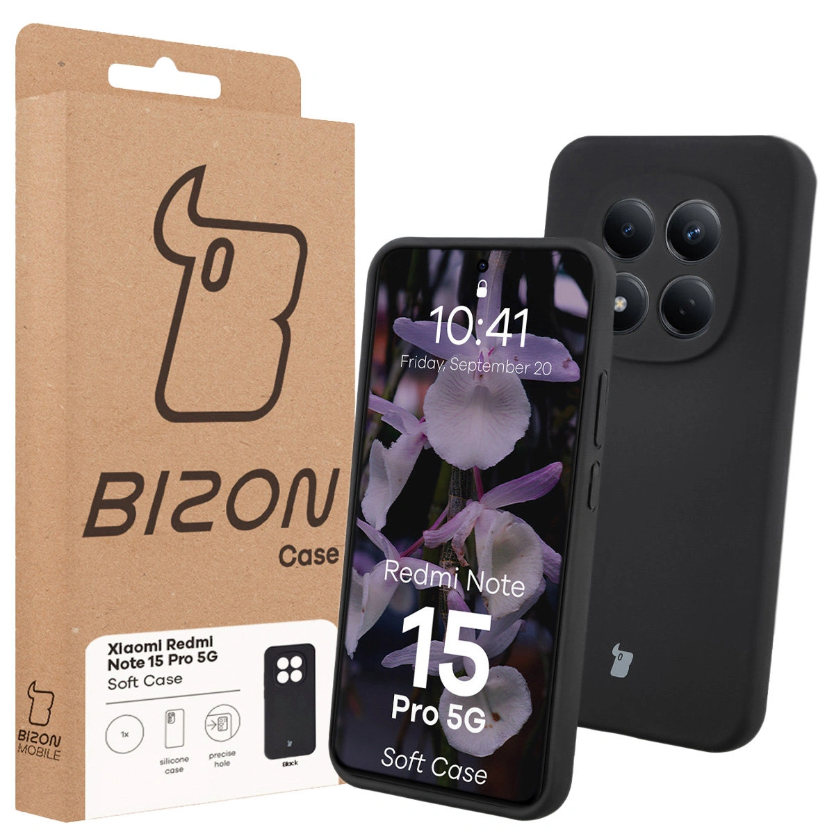 Vorderseite der Verpackung Bizon Case mit spezieller Etikette für Xiaomi Redmi Note 15 Pro 5G