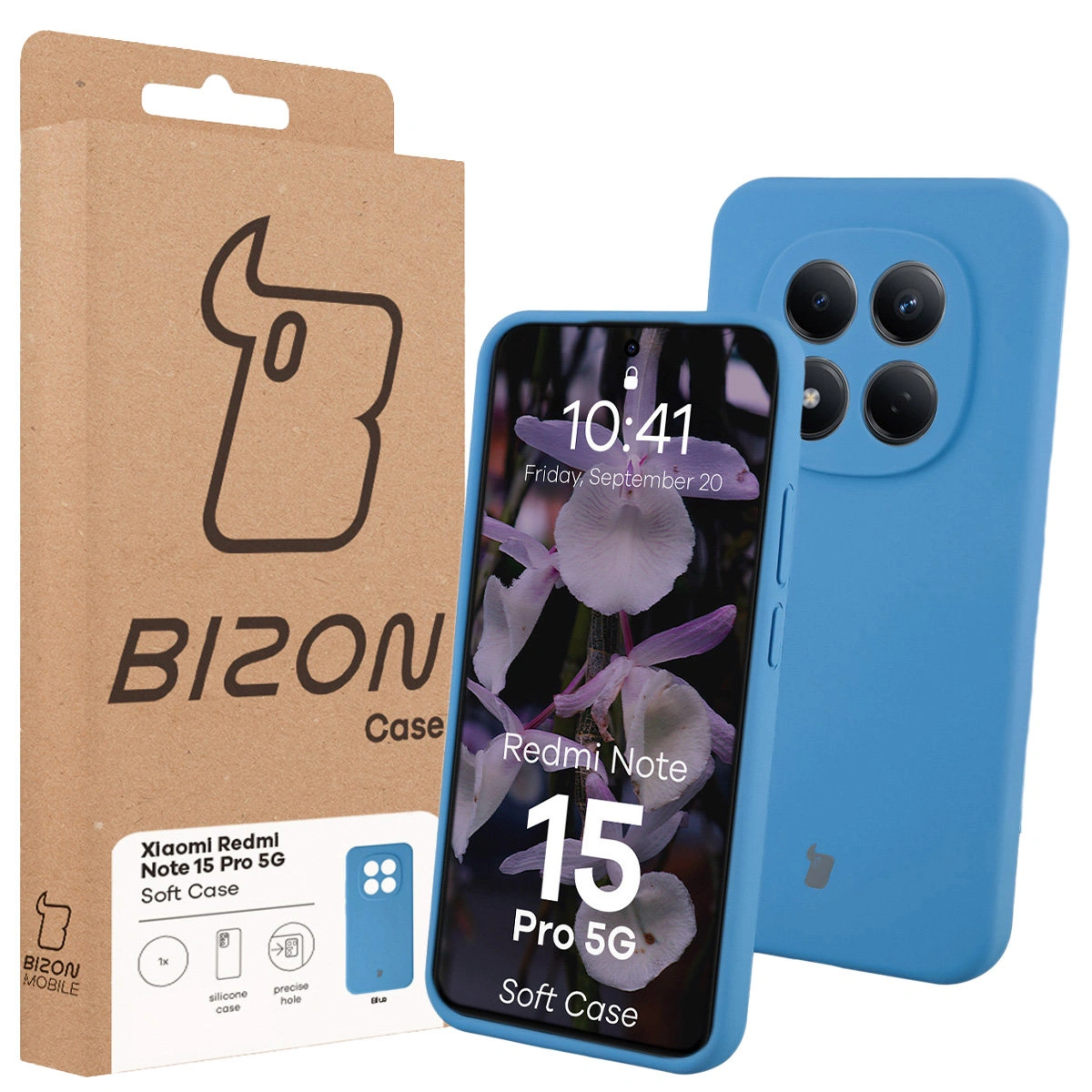 Fața cutiei Bizon Case cu eticheta dedicată pentru Xiaomi Redmi Note 15 Pro 5G