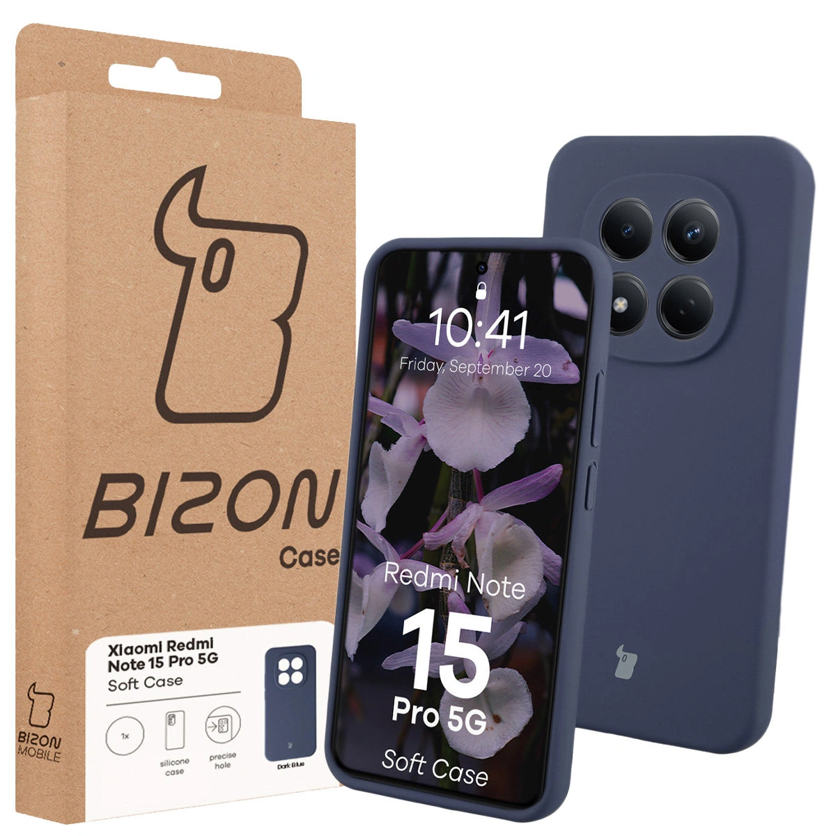 Vorderseite der Verpackung Bizon Case mit dediziertem Etikett für das Xiaomi Redmi Note 15 Pro 5G