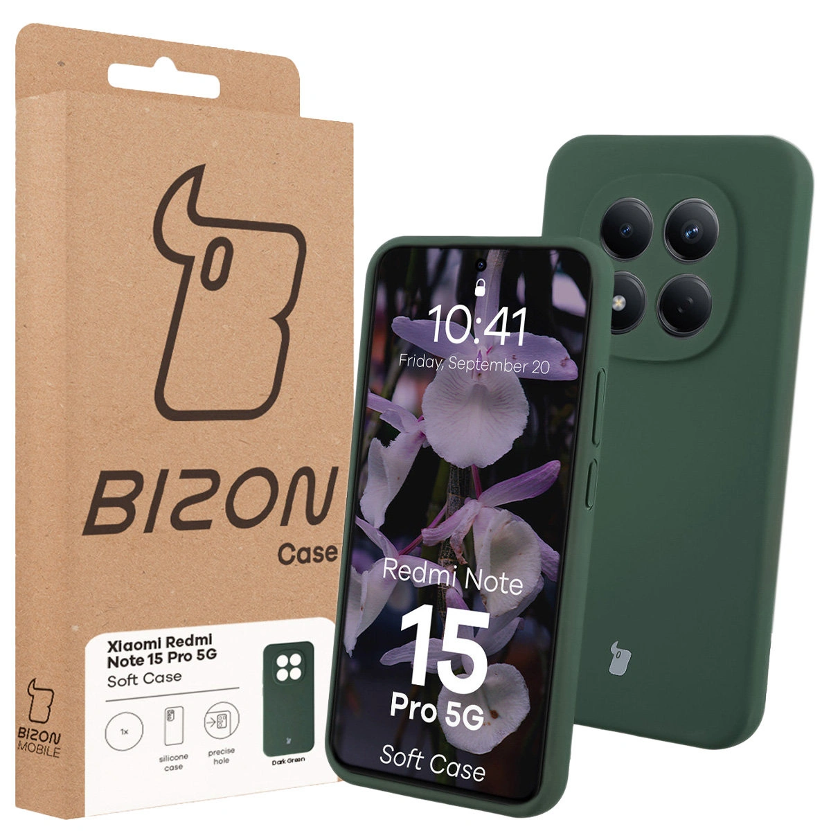 Fața ambalajului Bizon Case cu etichetă dedicată pentru Xiaomi Redmi Note 15 Pro 5G