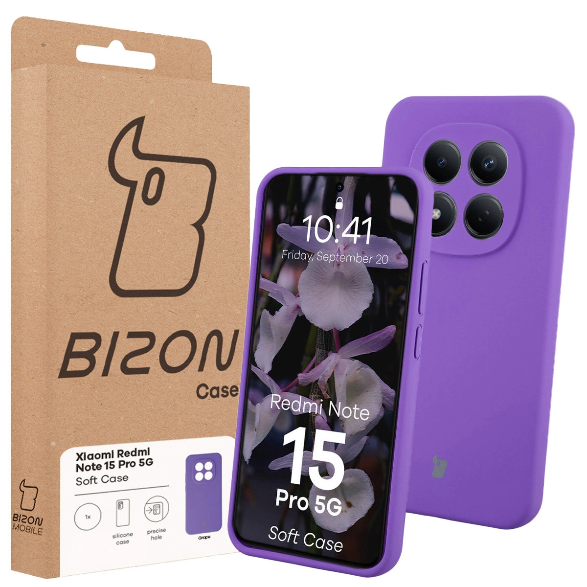Fața cutiei Bizon Case cu etichetă dedicată pentru Xiaomi Redmi Note 15 Pro 5G