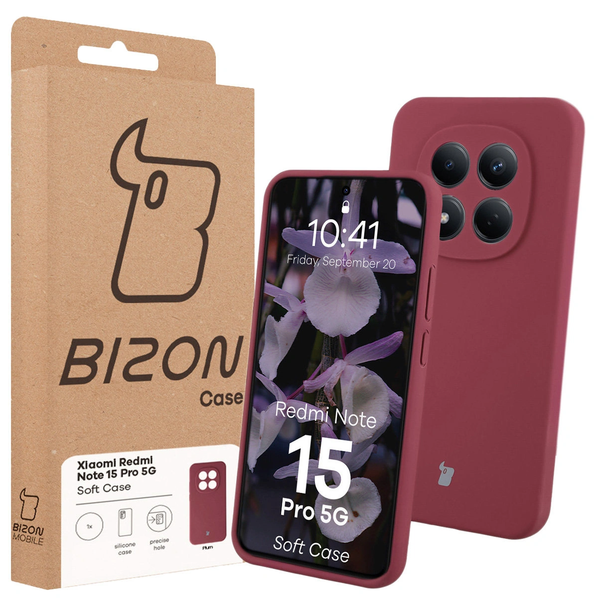 Przód pudełka Bizon Case z dedykowaną etykietą do Xiaomi Redmi Note 15 Pro 5G