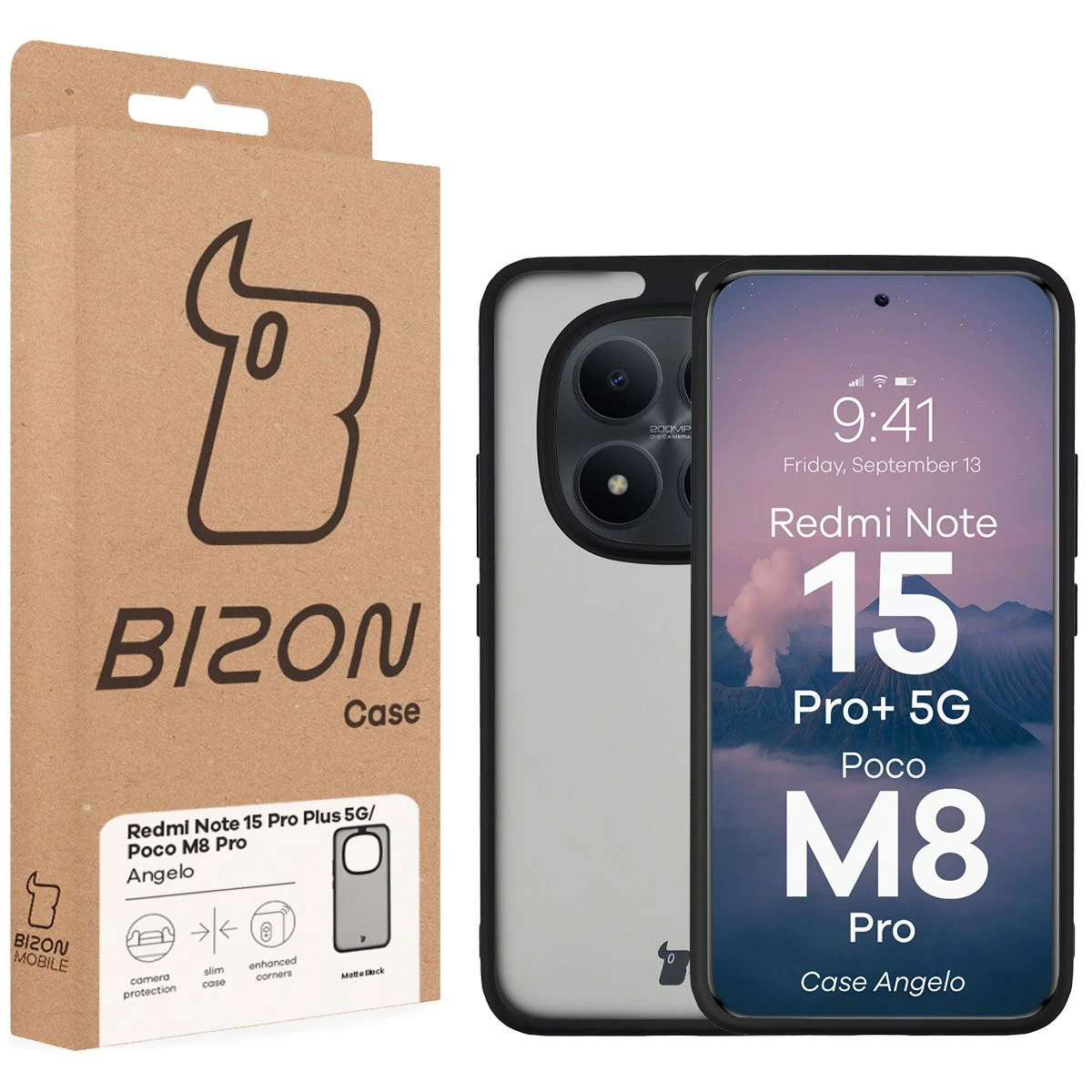 Vorderseite der Bizon Case Verpackung mit dediziertem Etikett für Xiaomi Redmi Note 15 Pro Plus 5G