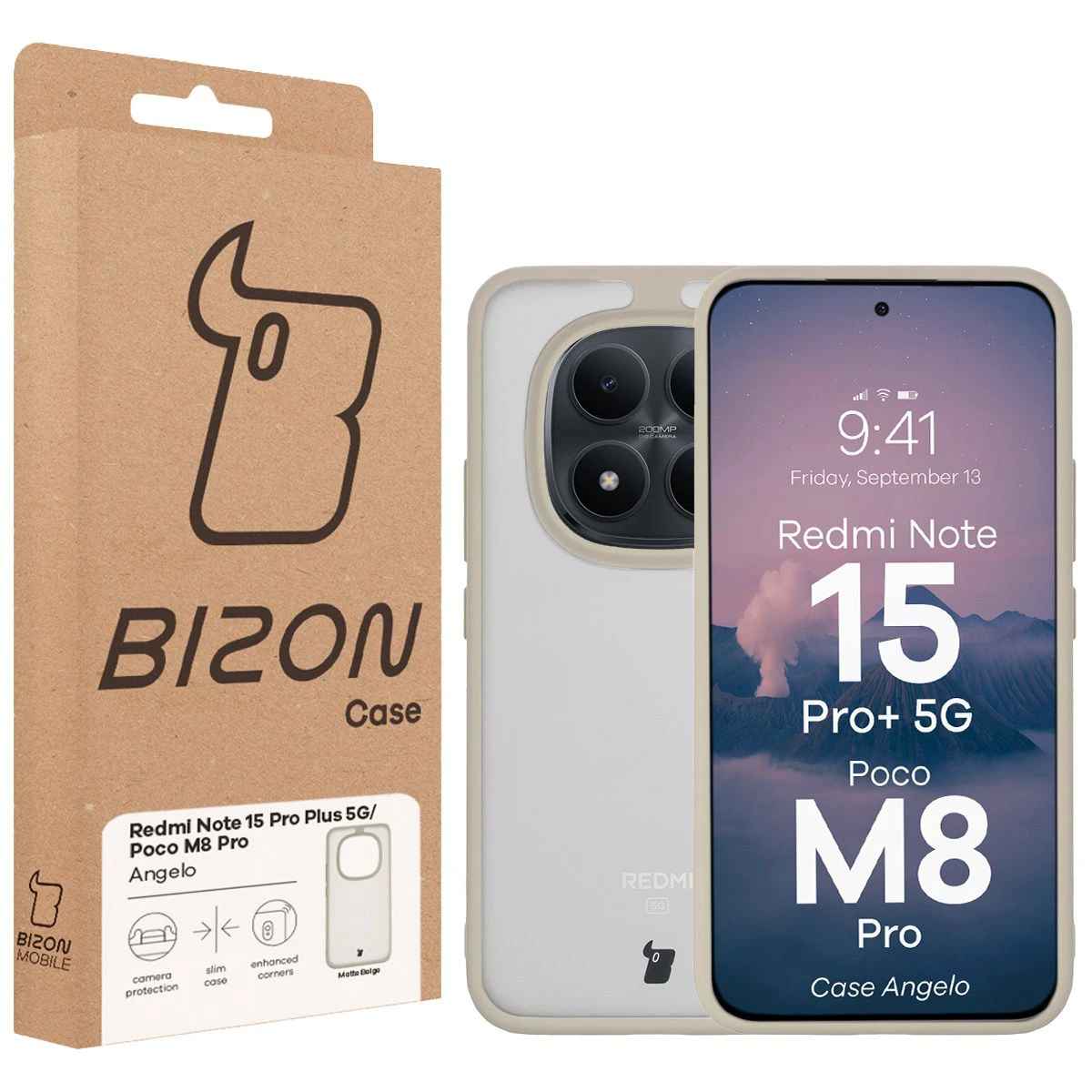 Vorderseite der Bizon Case Verpackung mit dediziertem Etikett für Xiaomi Redmi Note 15 Pro Plus 5G / POCO M8 Pro 5G