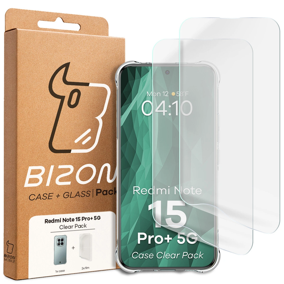 Przód pudełka Bizon Case+Glass z dedykowaną etykietą do Xiaomi Redmi Note 15 Pro Plus 5G