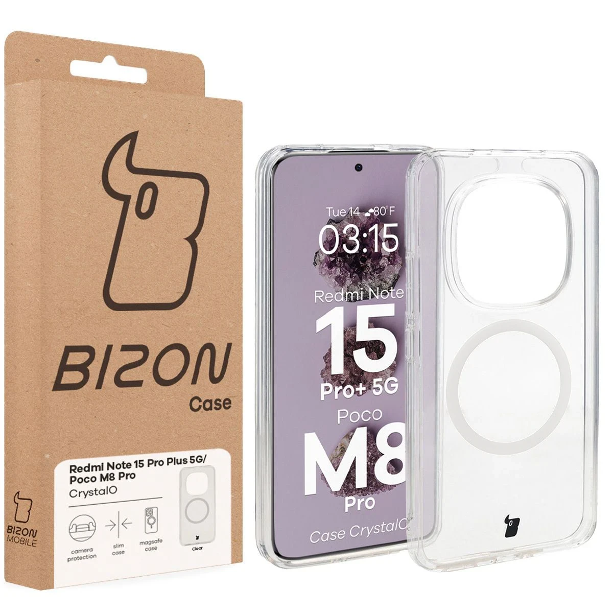Vorderseite der Bizon Case Box mit dedizierter Etikette für Xiaomi Redmi Note 15 Pro Plus 5G