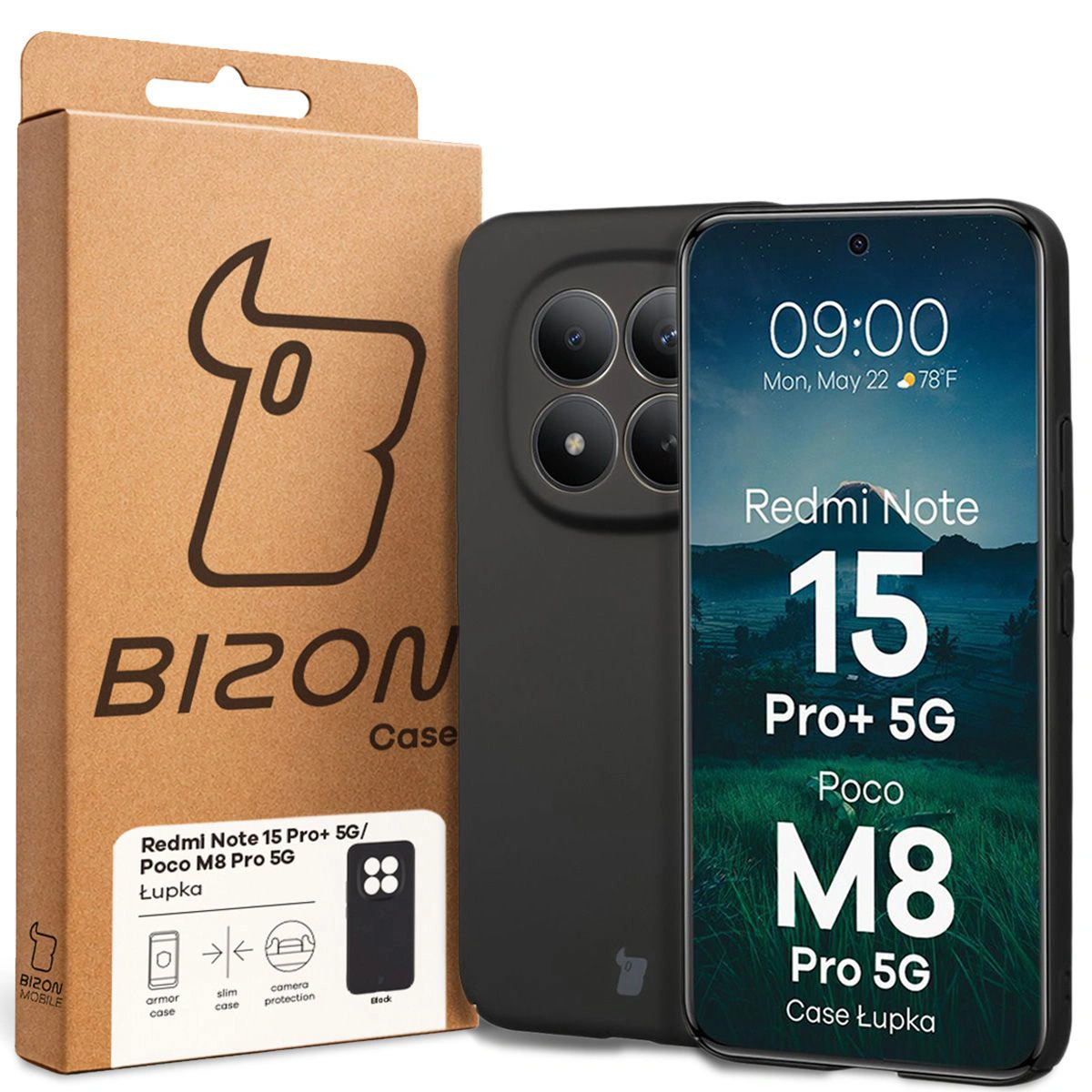 Vorderseite der Bizon Case Box mit dediziertem Etikett für Xiaomi Redmi Note 15 Pro Plus 5G / POCO M8 Pro 5G