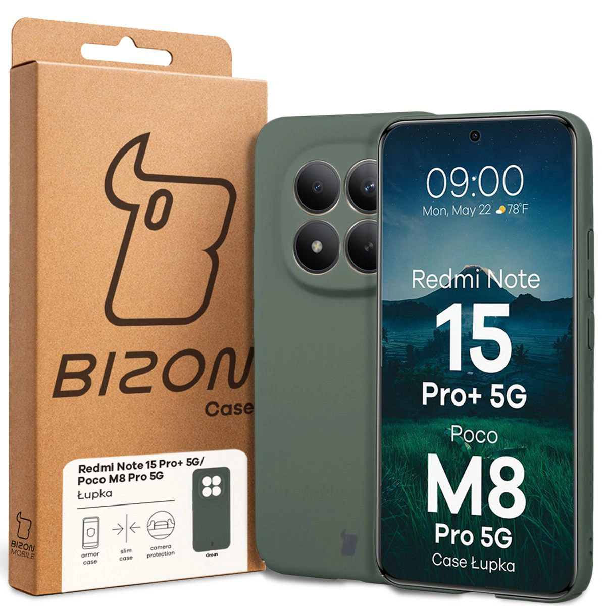 Przód pudełka Bizon Case z dedykowaną etykietą do Xiaomi Redmi Note 15 Pro Plus 5G / POCO M8 Pro 5G