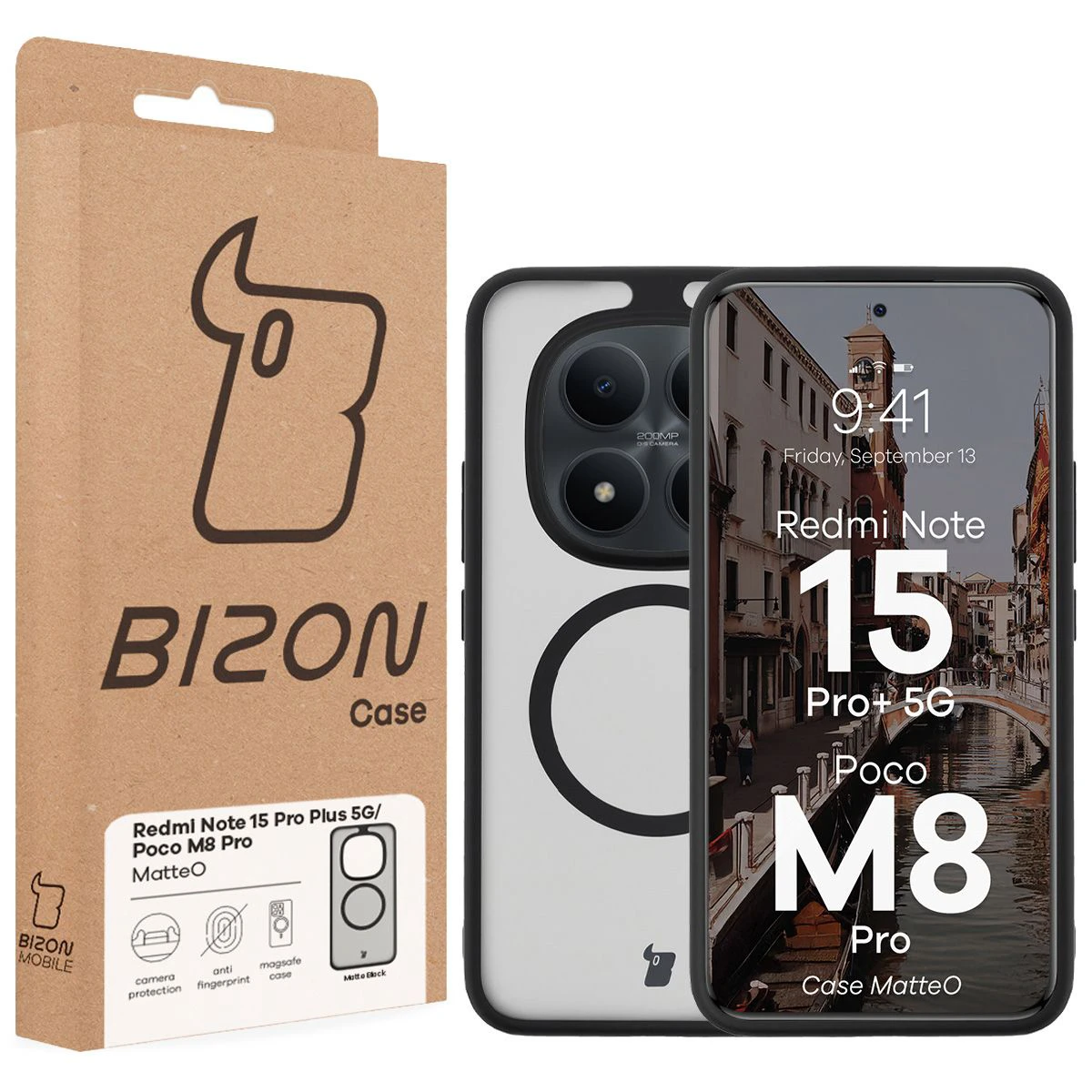 Przód pudełka Bizon Case z dedykowaną etykietą do Xiaomi Redmi Note 15 Pro Plus 5G