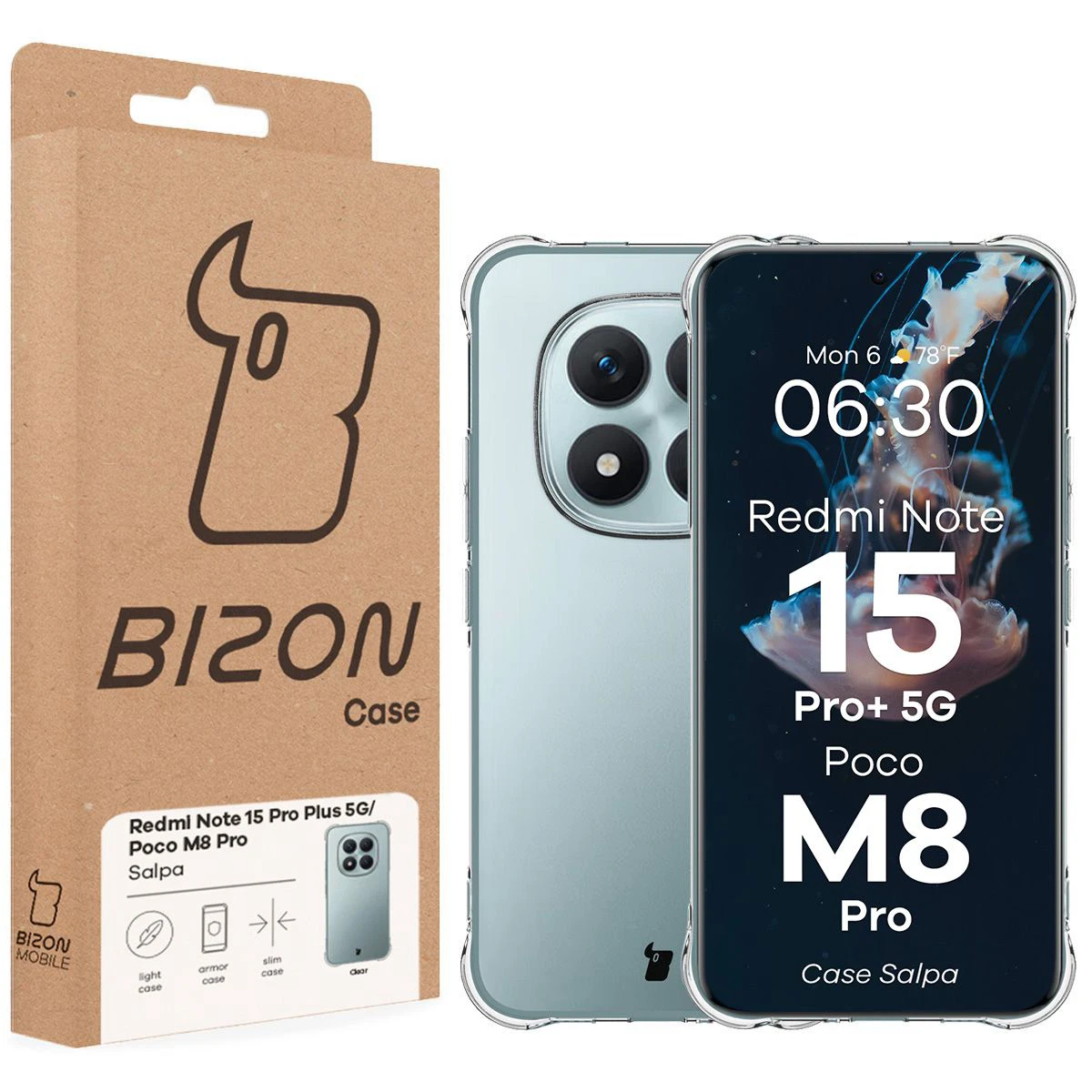 Vorderseite der Bizon Case Verpackung mit dediziertem Etikett für Xiaomi Redmi Note 15 Pro Plus 5G / POCO M8 Pro 5G