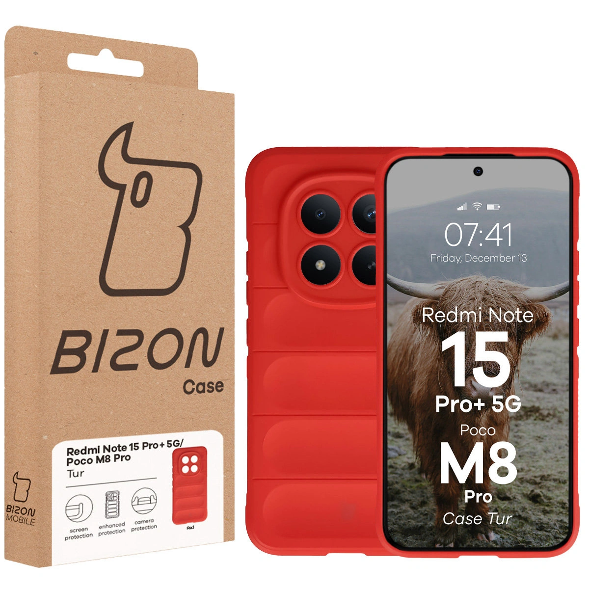 Przód pudełka Bizon Case z dedykowaną etykietą do Xiaomi Redmi Note 15 Pro Plus 5G / POCO M8 Pro 5G