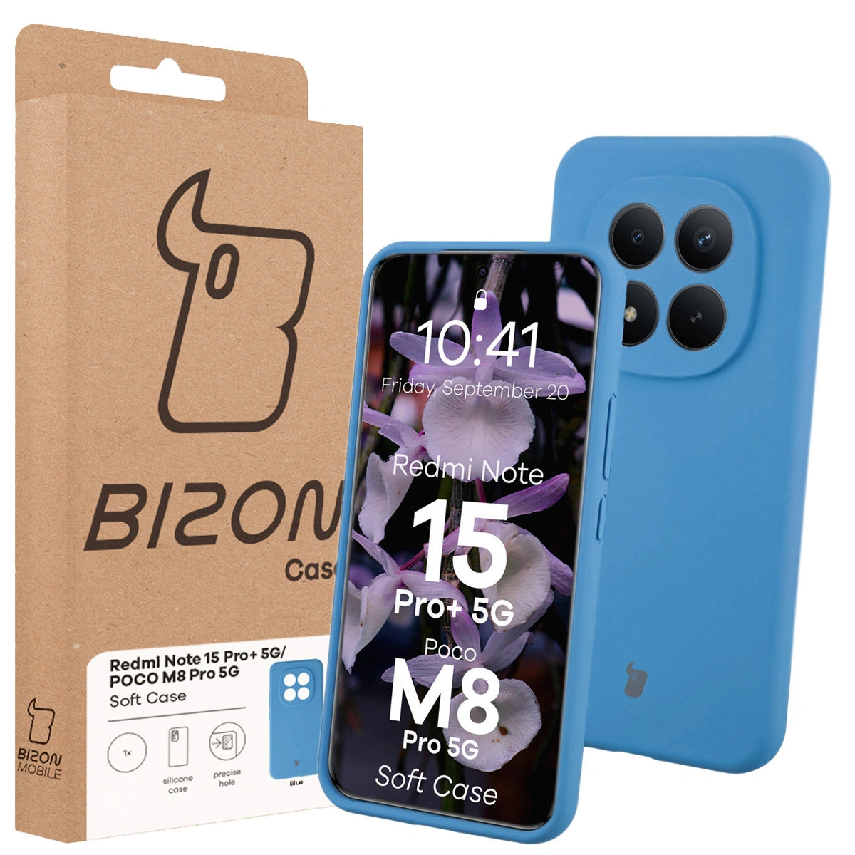 Vorderansicht der Bizon Case Verpackung mit spezieller Etikette für Xiaomi Redmi Note 15 Pro Plus 5G / POCO M8 Pro 5G