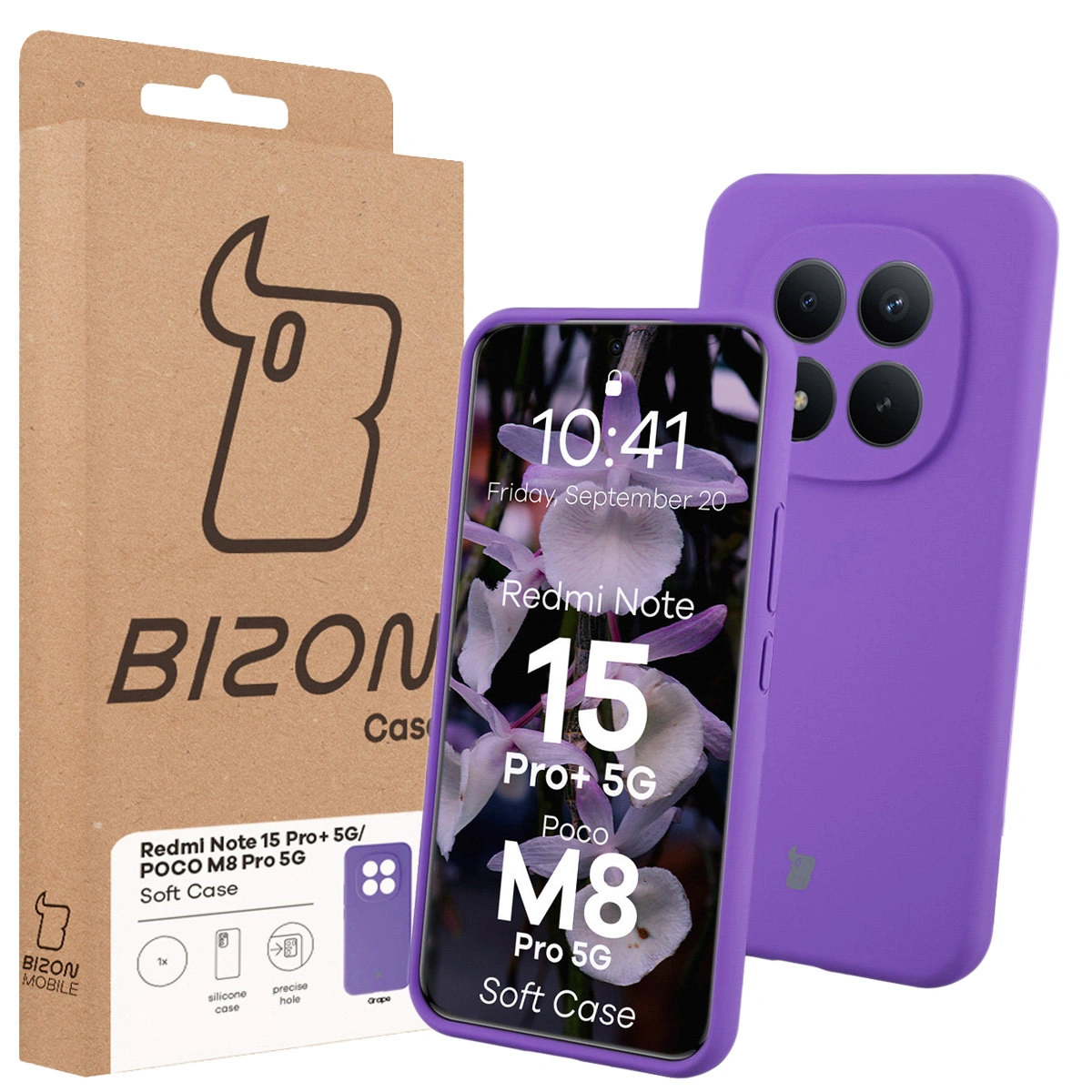 Vorderseite der Bizon Case Verpackung mit einem speziellen Etikett für Xiaomi Redmi Note 15 Pro Plus 5G / POCO M8 Pro 5G