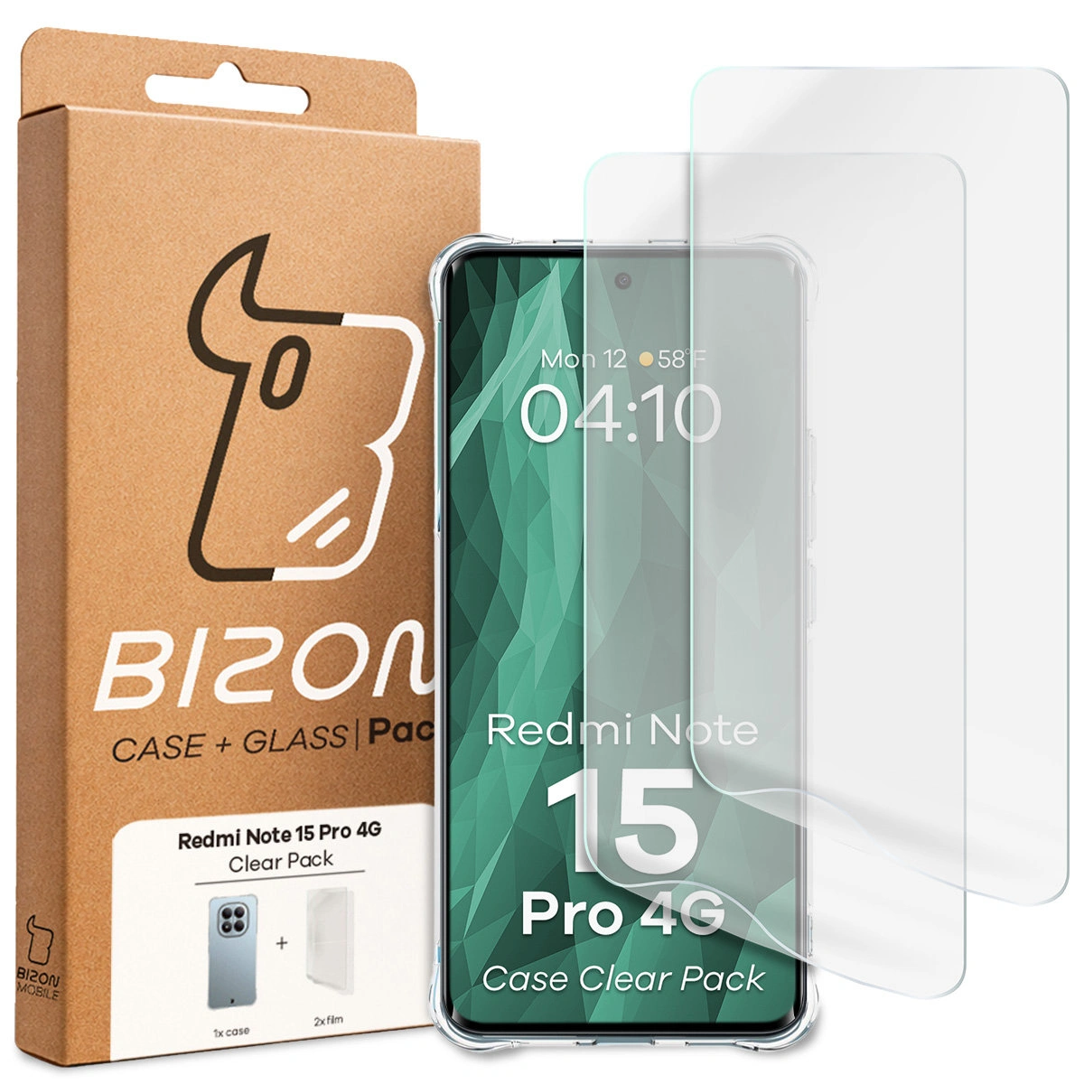 Front of the Bizon Case+Glass box with a dedicated label for Xiaomi Redmi Note 15 Pro 4G