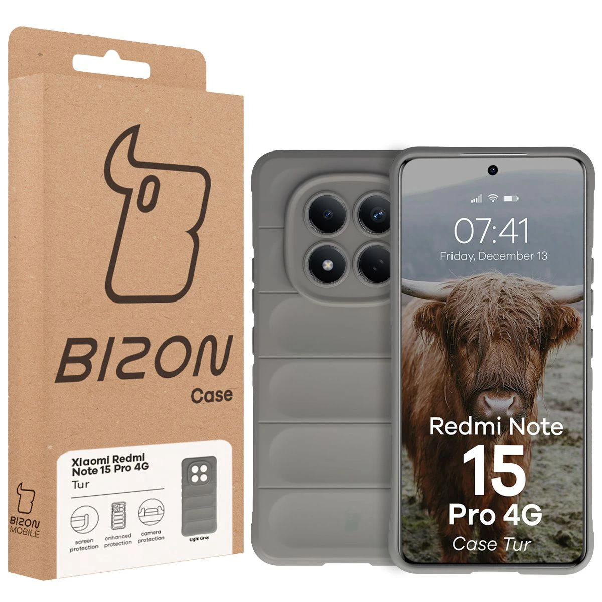 Front of the Bison Case box with a dedicated label for Xiaomi Redmi Note 15 Pro 4G