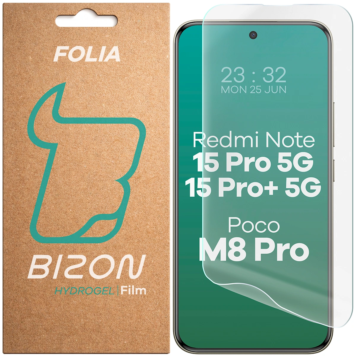 Pudełko i folia hydrożelowa na ekran Bizon Film Hydrogel Front do Xiaomi Redmi Note 15 Pro 5G / Xiaomi Redmi Note 15 Pro Plus 5G / Xiaomi POCO M8 Pro 5G