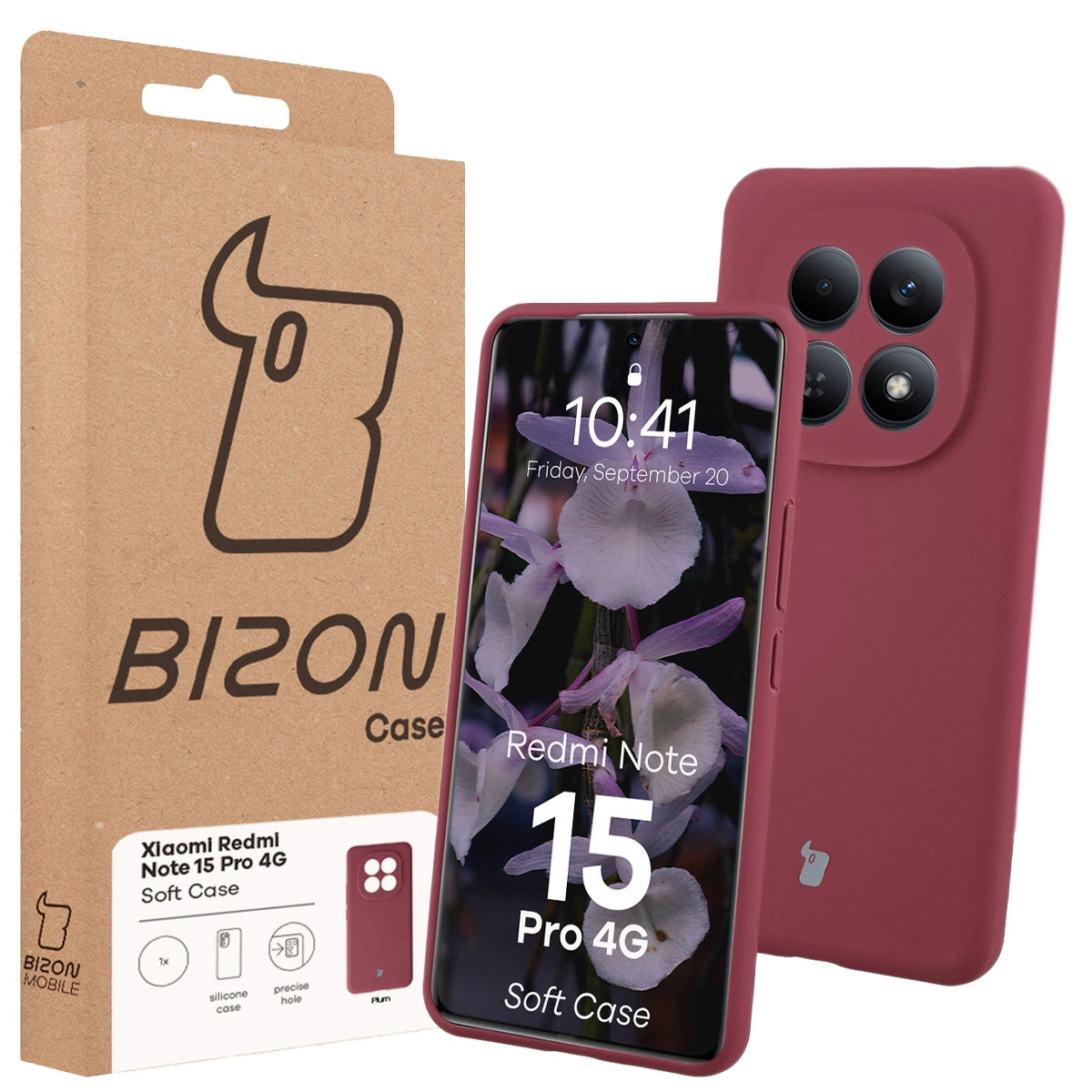 Vorderansicht der Bizon Case Box mit dediziertem Etikett für Xiaomi Redmi Note 15 Pro 4G