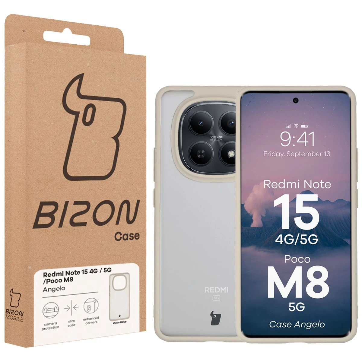 Przód pudełka Bizon Case z dedykowaną etykietą do Xiaomi Redmi Note 15 / Xiaomi POCO M8 5G