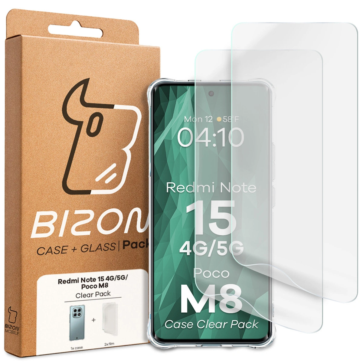 Front of the Bizon Case+Glass box with a dedicated label for Xiaomi Redmi Note 15 / Xiaomi POCO M8 5G