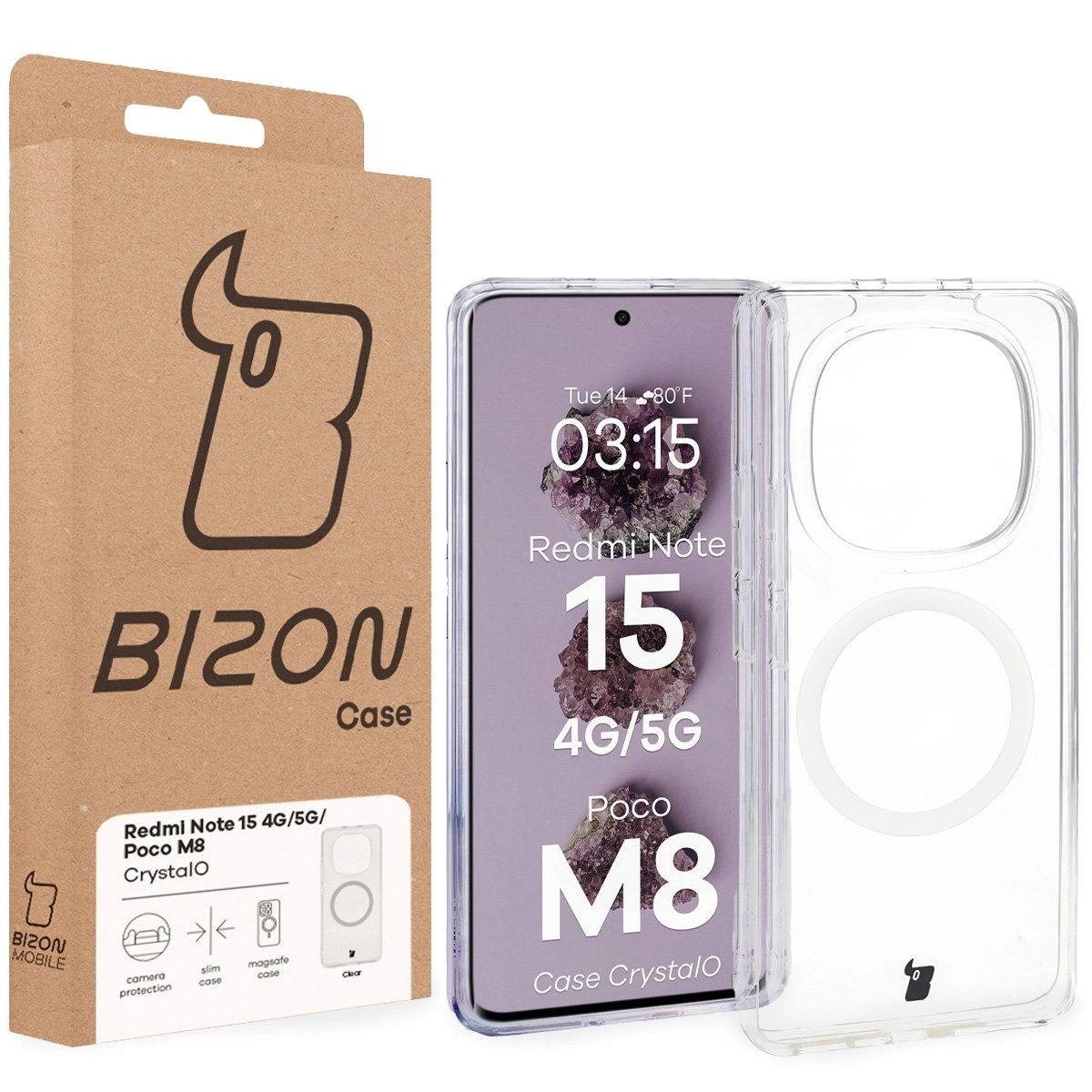 Vorderseite der Bizon Case Verpackung mit einem speziellen Etikett für Xiaomi Redmi Note 15 / Xiaomi POCO M8 5G