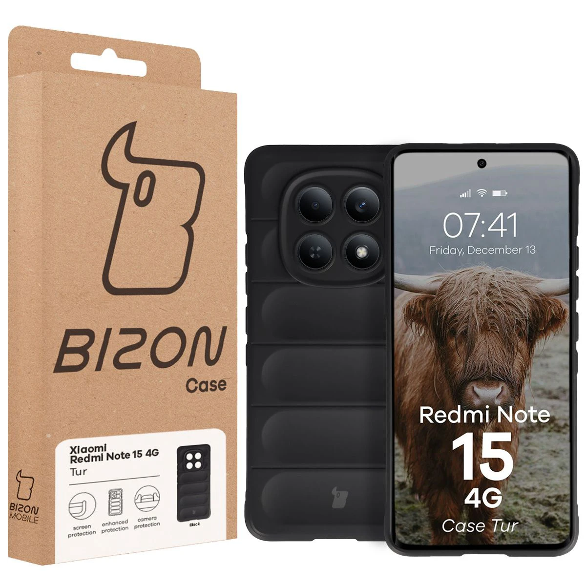 Vorderseite der Bizon Case Box mit dediziertem Etikett für Xiaomi Redmi Note 15 4G