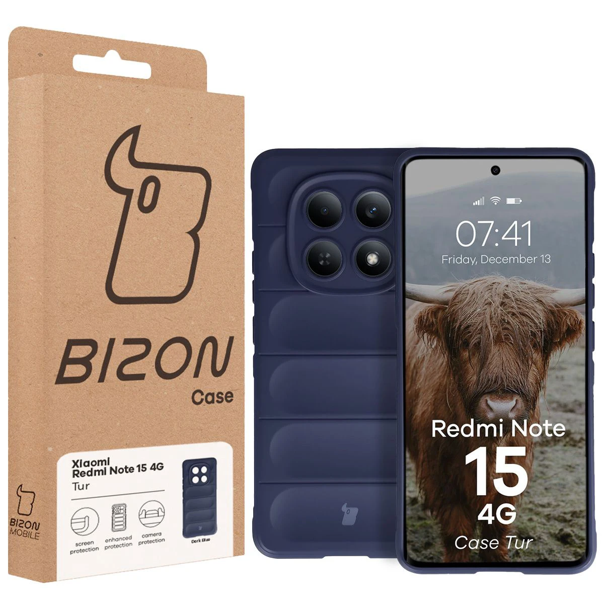 Vorderseite der Bizon Case Verpackung mit spezieller Etikette für Xiaomi Redmi Note 15 4G