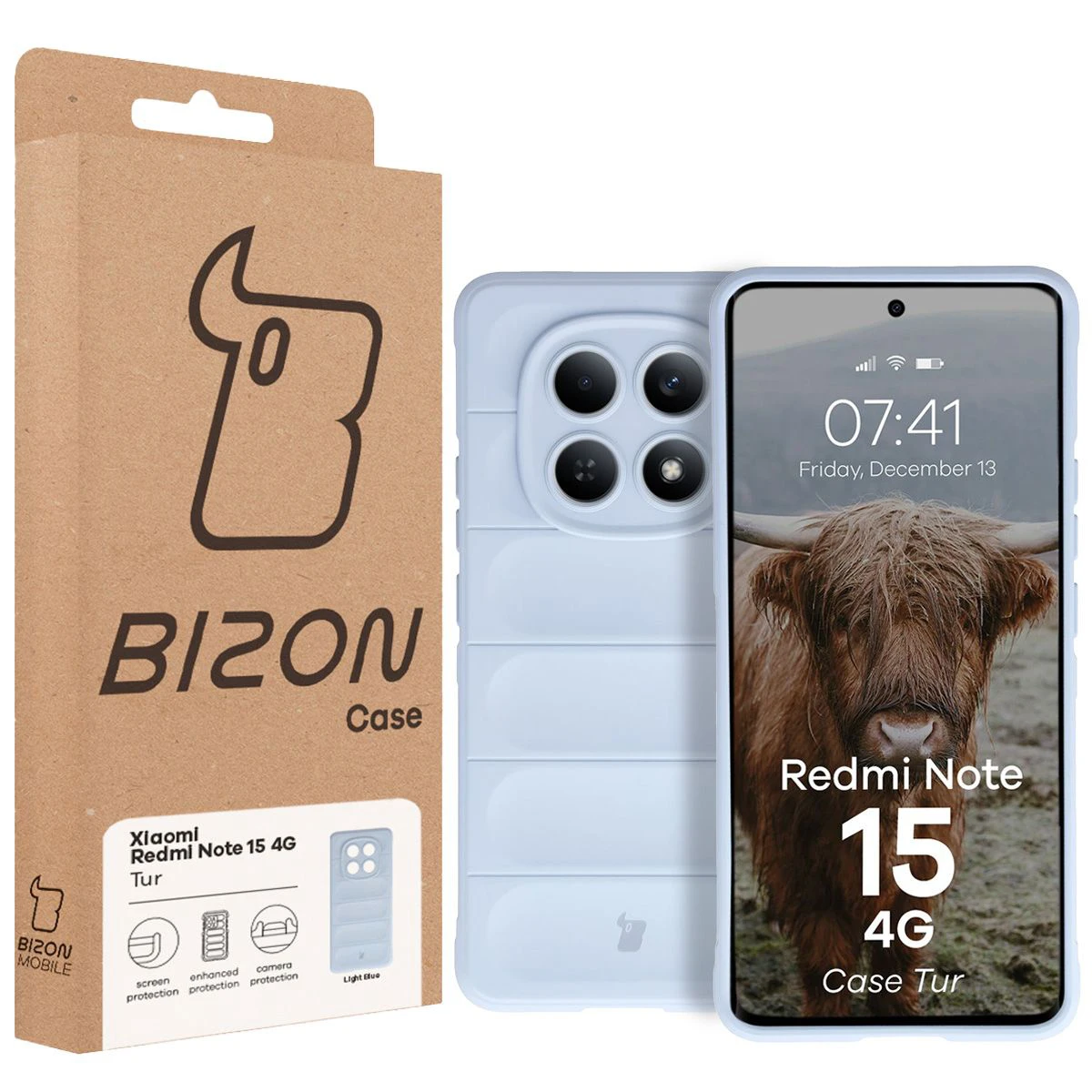 Vorderansicht der Bizon Case Verpackung mit dediziertem Etikett für Xiaomi Redmi Note 15 4G