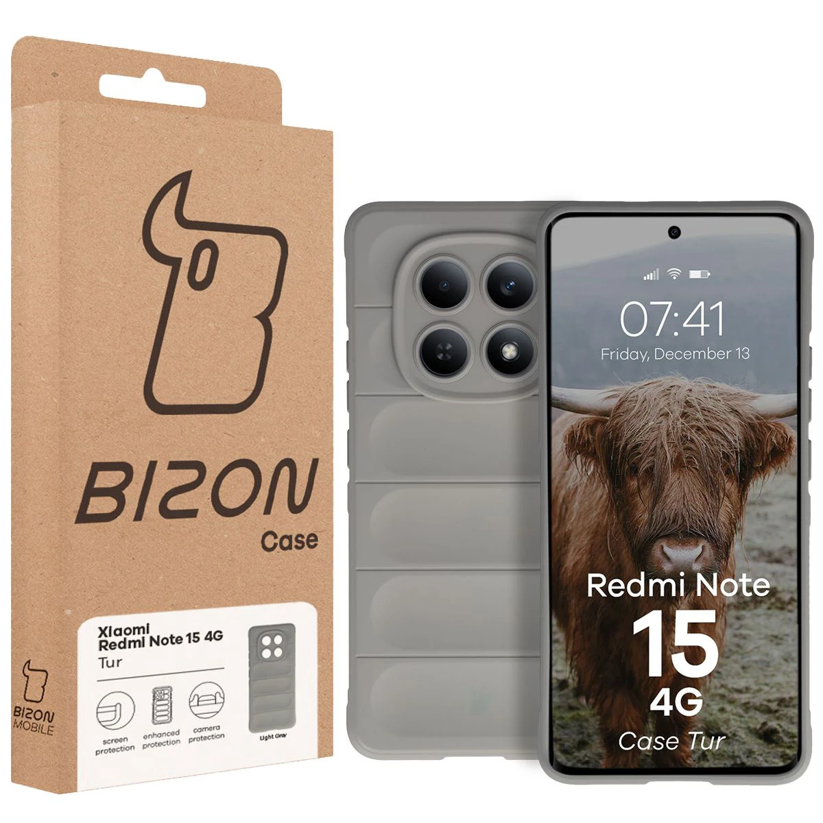 Vorderseite der Bizon Case Box mit dediziertem Etikett für Xiaomi Redmi Note 15 4G