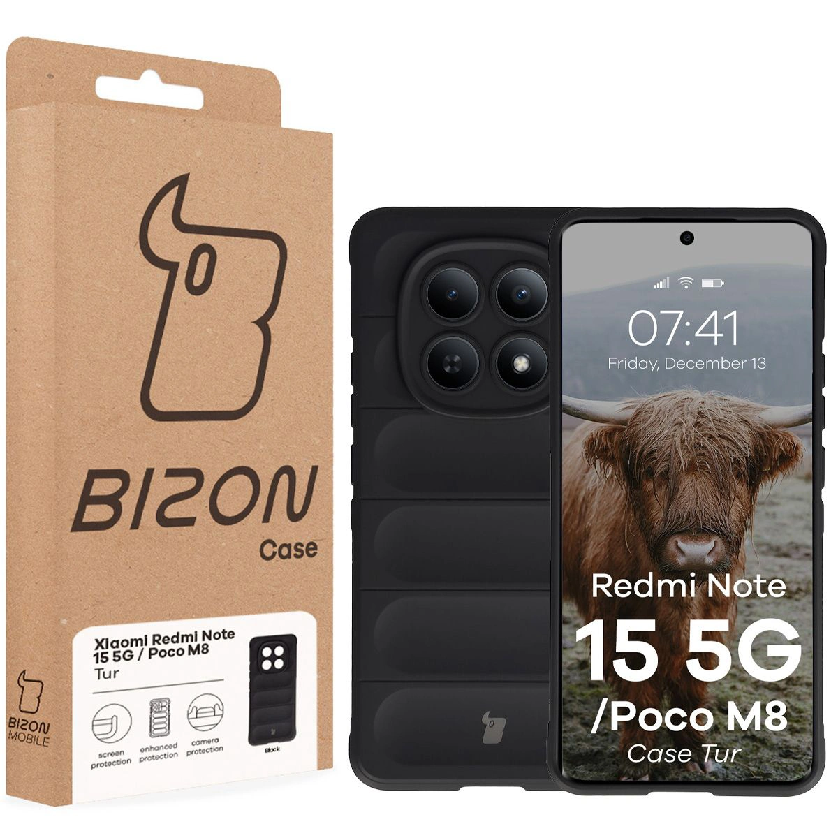 Front of the Bizon Case box with a dedicated label for Xiaomi Redmi Note 15 5G / Xiaomi POCO M8 5G