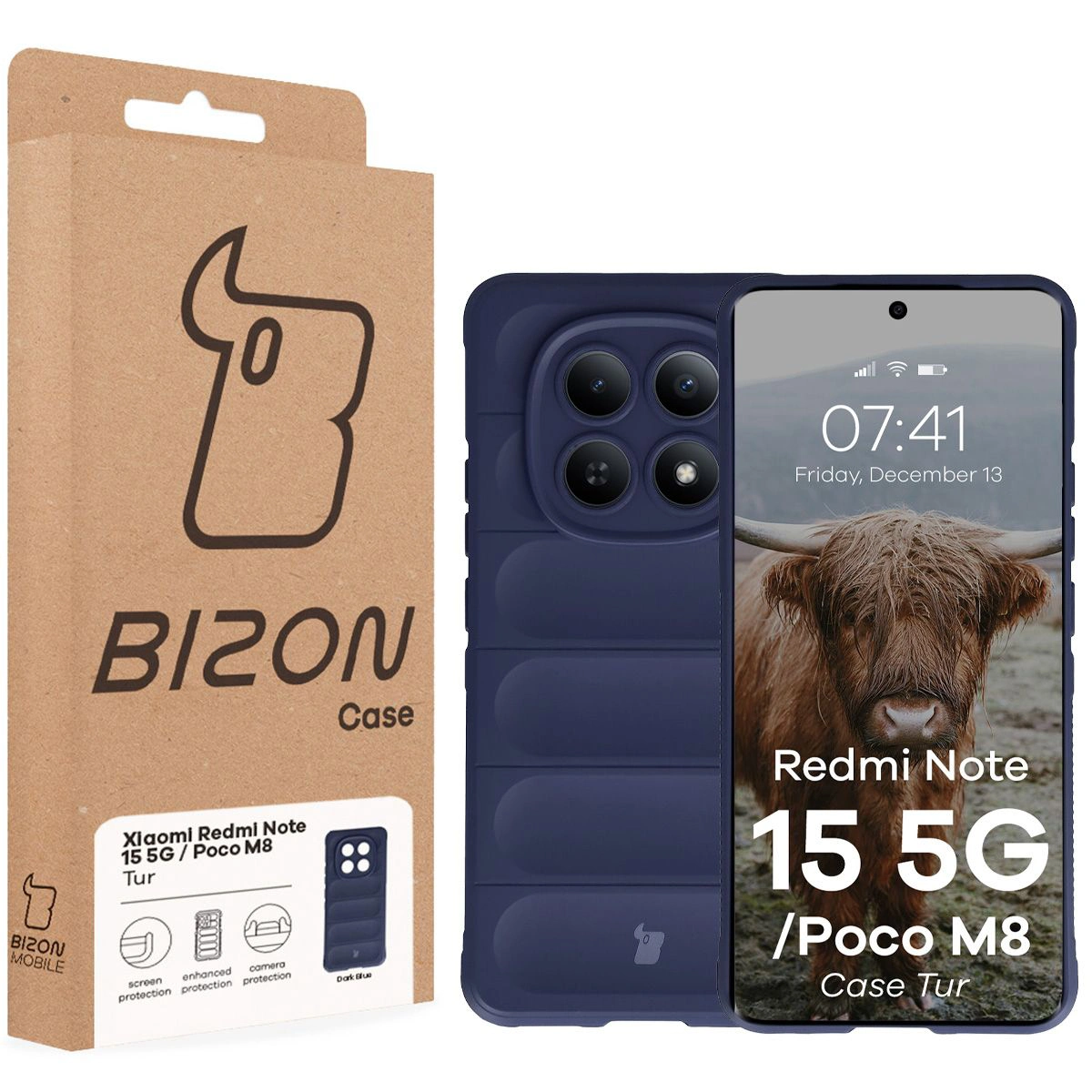 Front of the Bison Case box with a dedicated label for Xiaomi Redmi Note 15 5G / Xiaomi POCO M8 5G