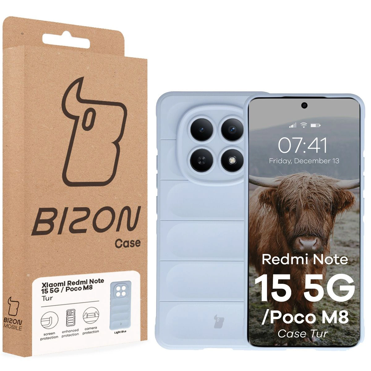 Front of the Bison Case box with a dedicated label for Xiaomi Redmi Note 15 5G / Xiaomi POCO M8 5G