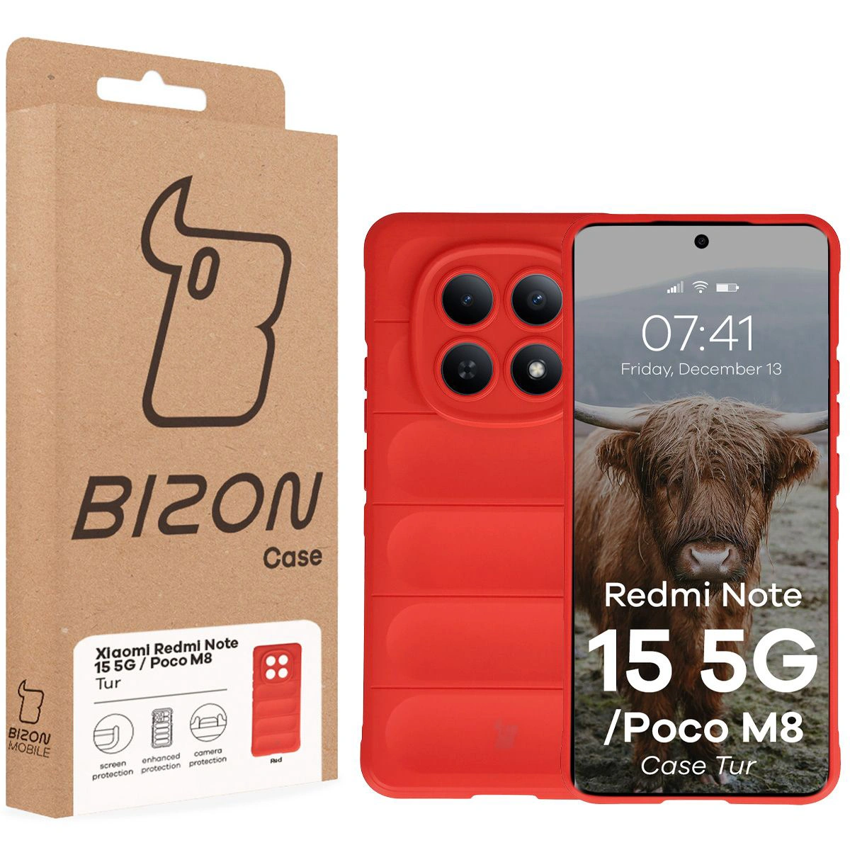 Front of the Bison Case box with a dedicated label for Xiaomi Redmi Note 15 5G / Xiaomi POCO M8 5G