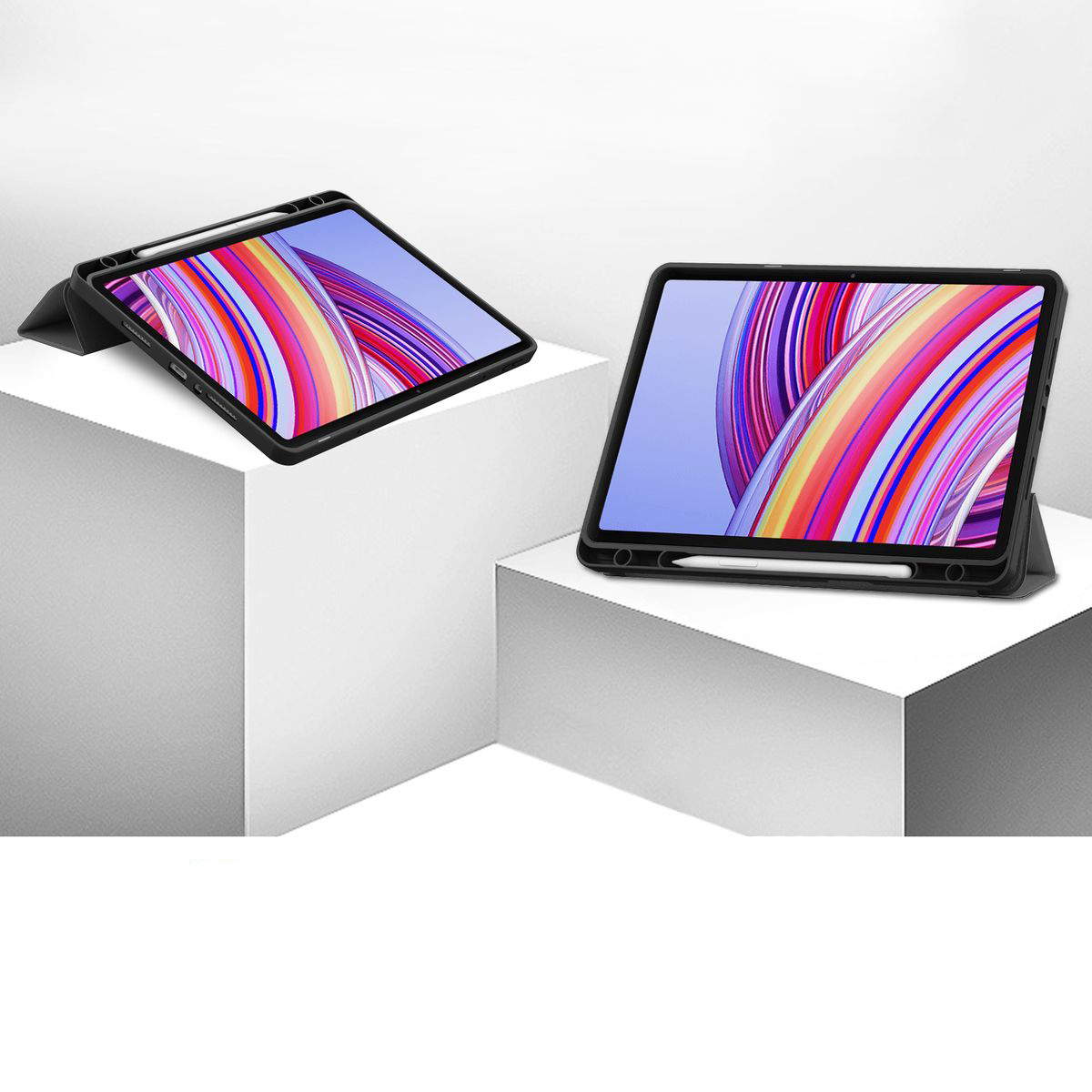 Two cases standing on platforms, showcasing the stand function