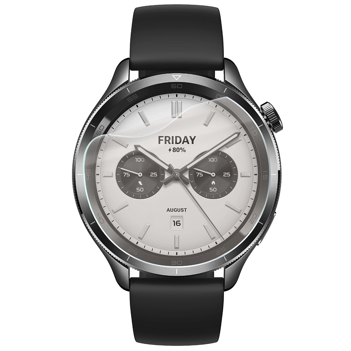 Smartwatch z nałożoną folią ochronną Bizon Glass Watch Film Sun do Xiaomi Watch S4