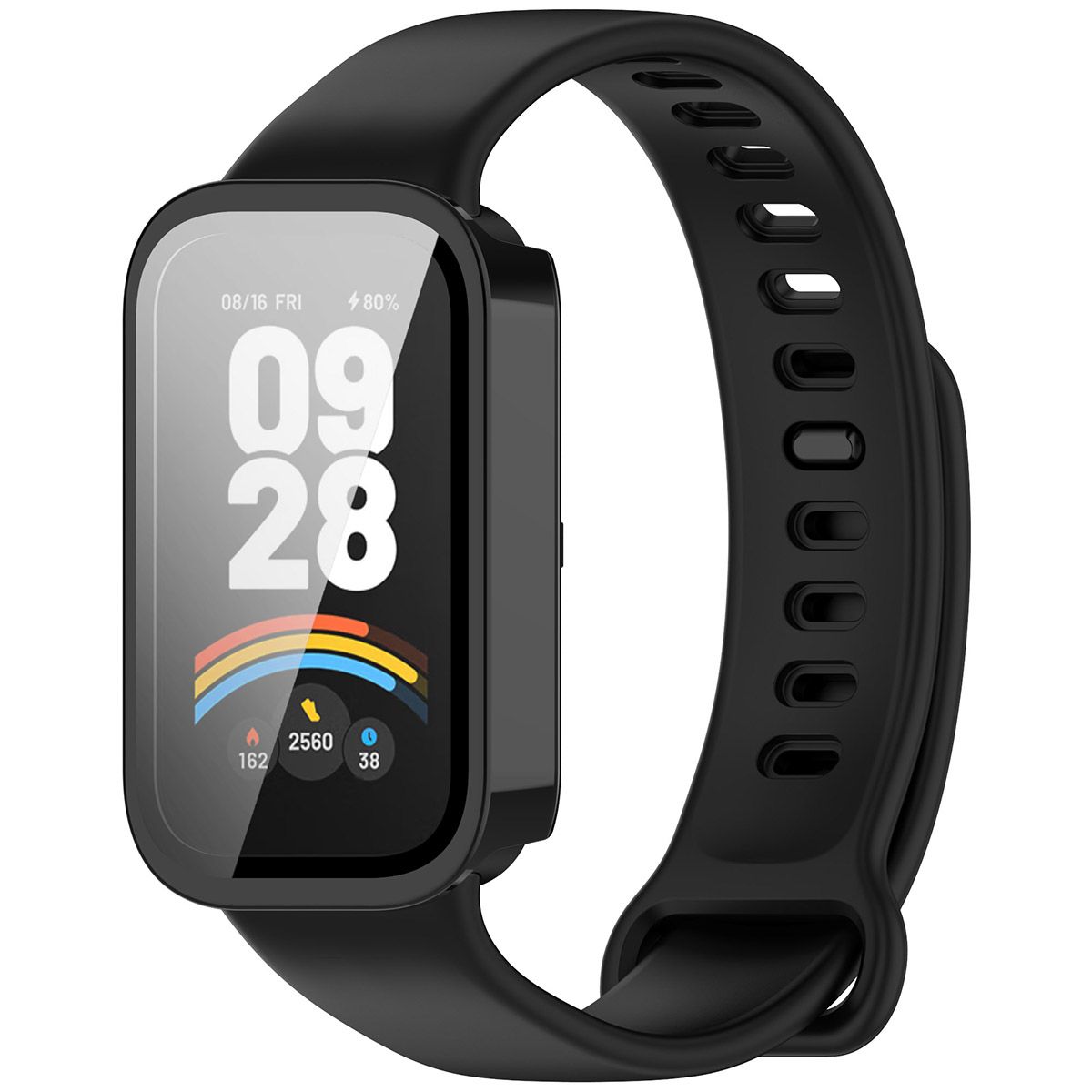 Case with glass for Bizon Case+Glass Xiaomi Mi Smart Band 9 Active / Xiaomi Redmi Band 3, black