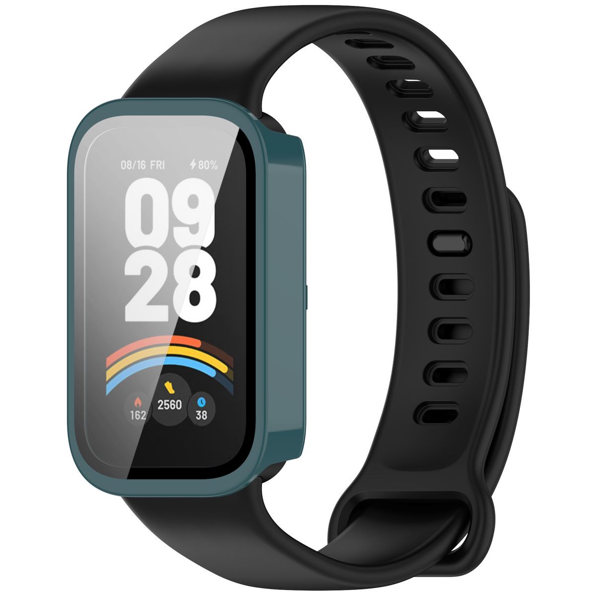Etui mit Glas für Uhr Bizon Case+Glass Xiaomi Mi Smart Band 9 Active / Xiaomi Redmi Band 3, grün