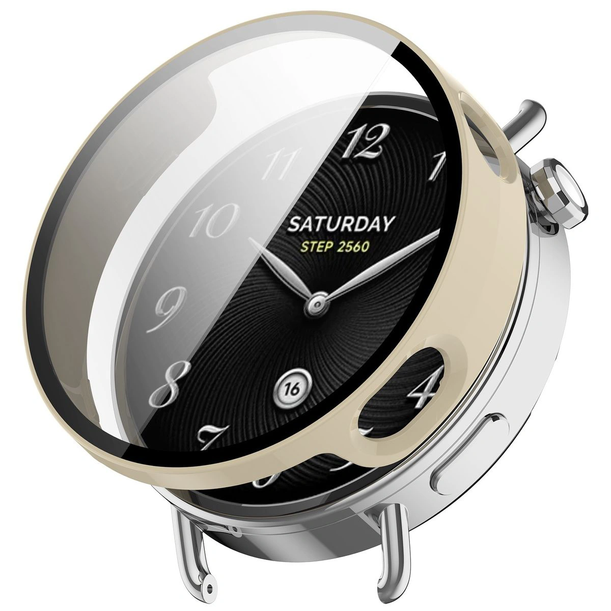 Visualisierung der Anbringung der Hülle Bizon Case+Glass Watch für Huawei Watch GT6 46 mm