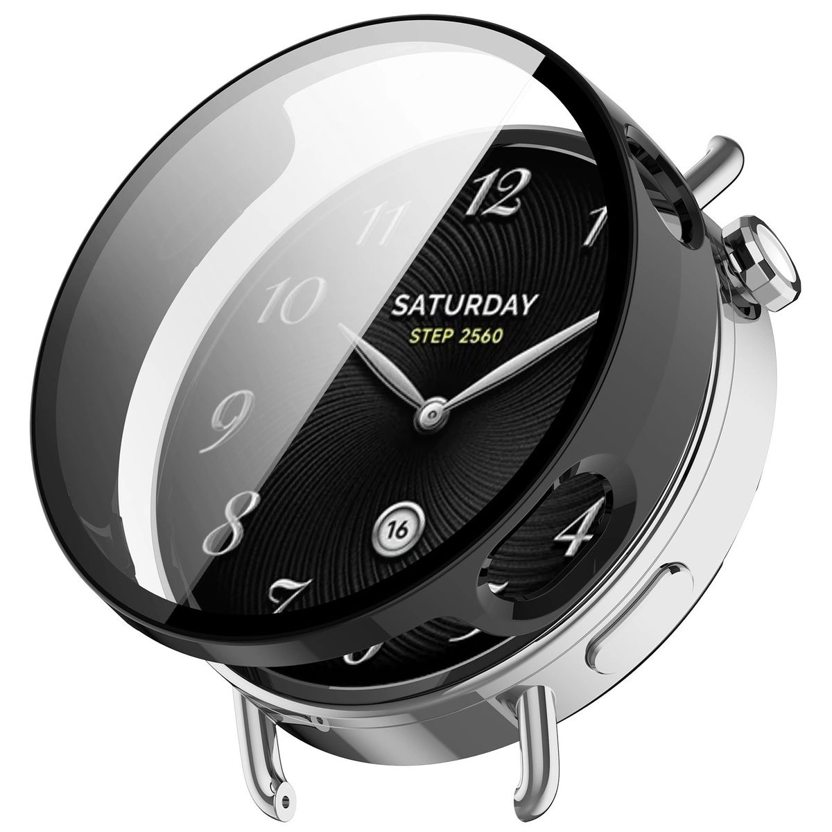 Visualisierung des Anbringens der Hülle Bizon Case+Glass Watch für Huawei Watch GT6 46 mm