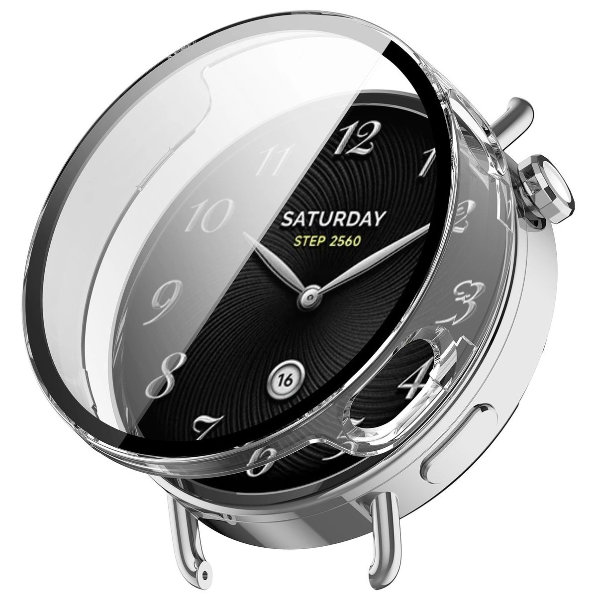 Visualisierung des Aufsetzens der Hülle Bizon Case+Glass Watch für Huawei Watch GT6 46 mm