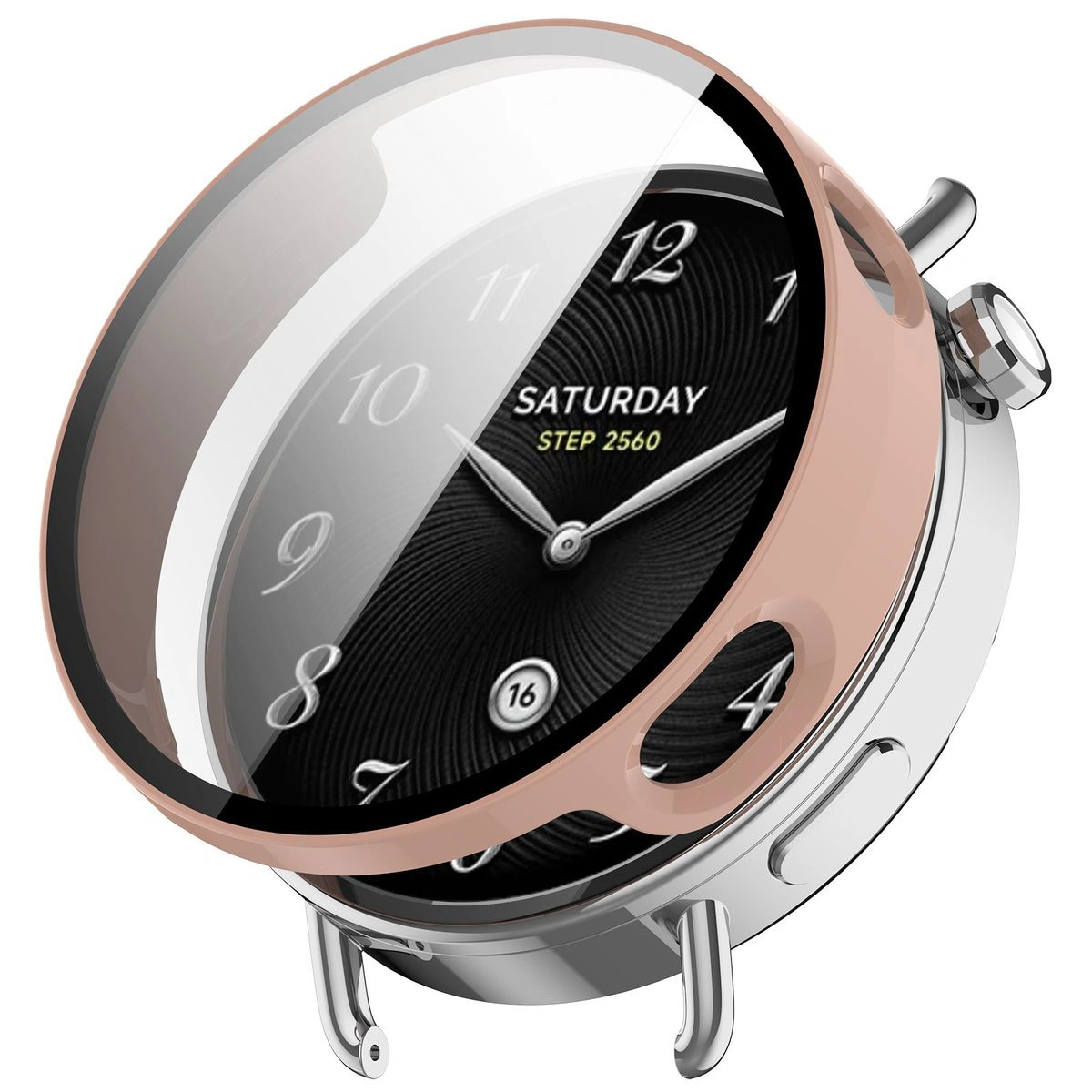 Visualisierung des Aufsetzens der Hülle Bizon Case+Glass Watch für Huawei Watch GT6 46 mm